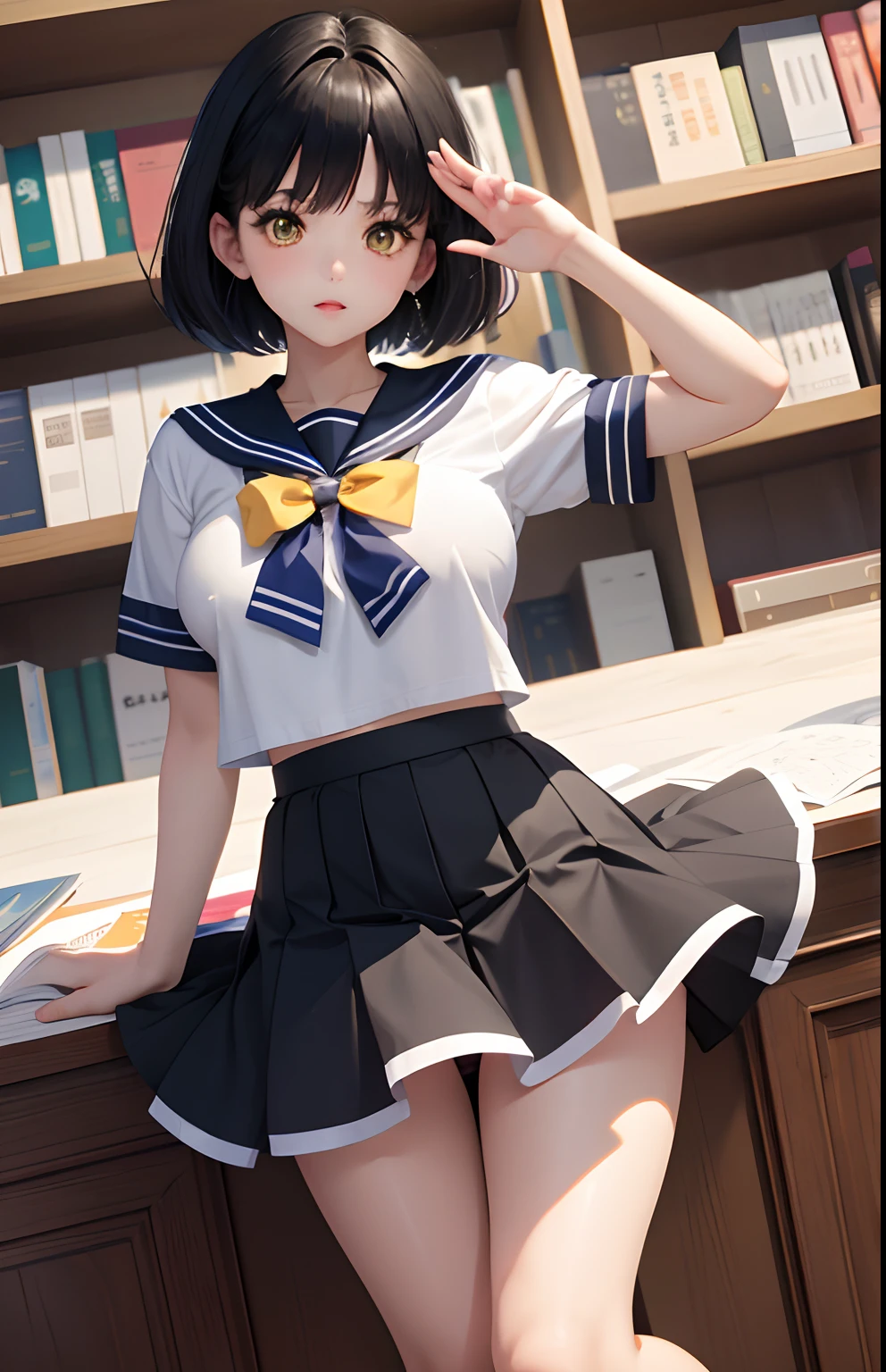 masterpiece, top-quality, 1girl in, A dark-haired, yellow eyes, short-cut、Fluffy skirt、Raw feet、atlibrary、big breast beauty、Sailor Mercury