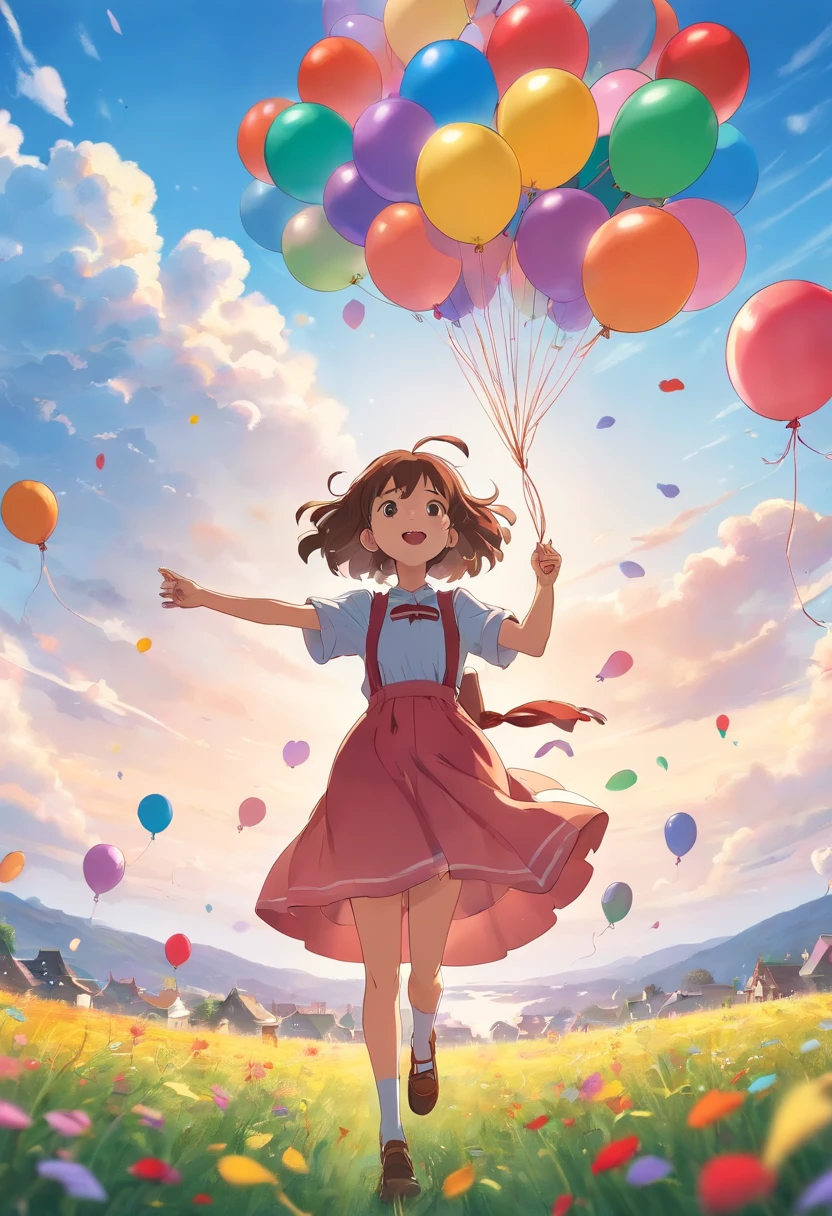 Pretty girl with balloons、Colorful balloons floating in the sky、Pasture、dance、holding balloons、happiness、happiness、perfectquality、clear focus (clutter-home:0.8)、(masterpiece:1.2) (realisitic:1.2) (bokeh dof) (top-quality) (detailed skins:1.3) (intricate-detail) (8K) (Detail Eye) (foco nítido), (happy)