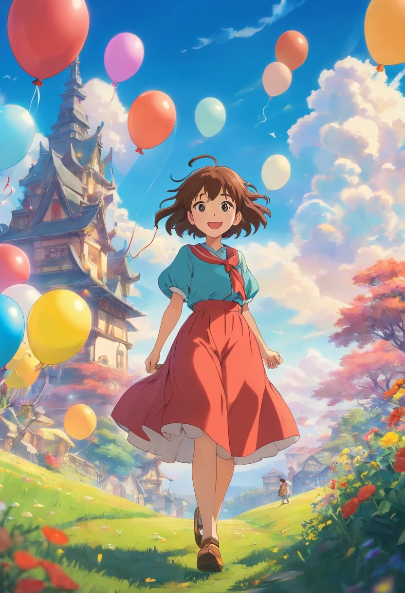 Pretty girl with balloons、Colorful balloons floating in the sky、Pasture、dance、holding balloons、happiness、happiness、perfectquality、clear focus (clutter-home:0.8)、(masterpiece:1.2) (realisitic:1.2) (bokeh dof) (top-quality) (detailed skins:1.3) (intricate-detail) (8K) (Detail Eye) (foco nítido), (happy)