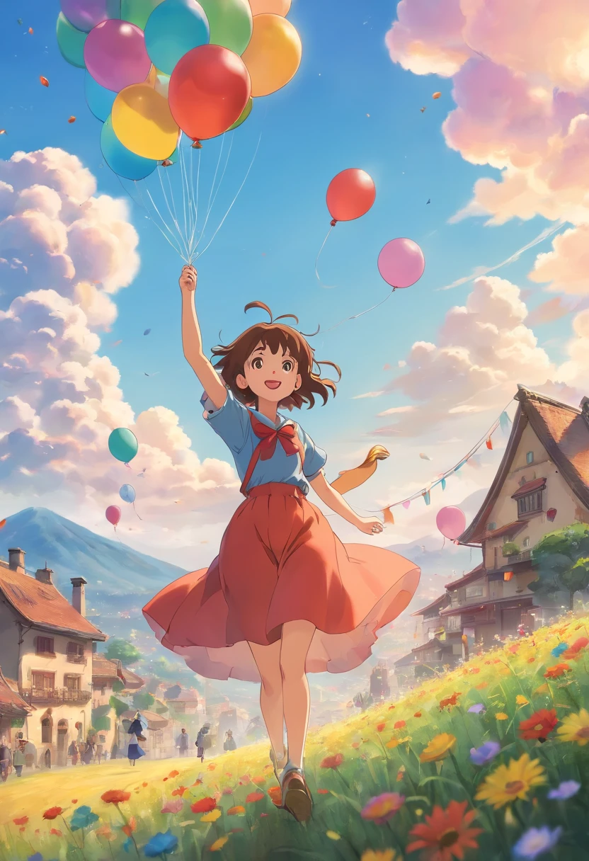 Pretty girl with balloons、Colorful balloons floating in the sky、Pasture、dance、holding balloons、happiness、happiness、perfectquality、clear focus (clutter-home:0.8)、(masterpiece:1.2) (realisitic:1.2) (bokeh dof) (top-quality) (detailed skins:1.3) (intricate-detail) (8K) (Detail Eye) (foco nítido), (happy)