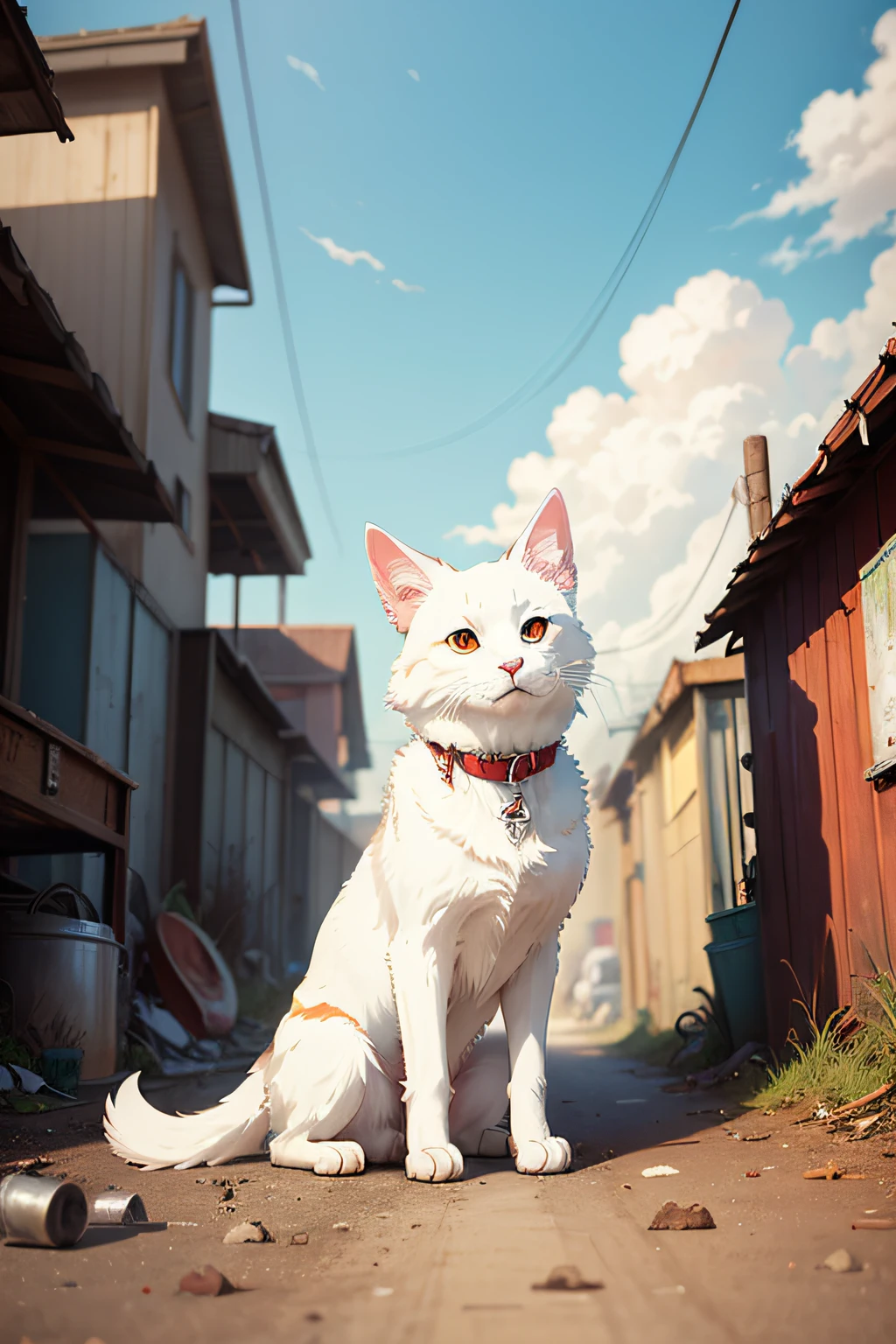 A white stray dog，junkyard，Look up to humanity，Eager eyes,warm,Studio Ghibli Style, cartoon realism, anime artsyle, illustration, Detailed, 16k