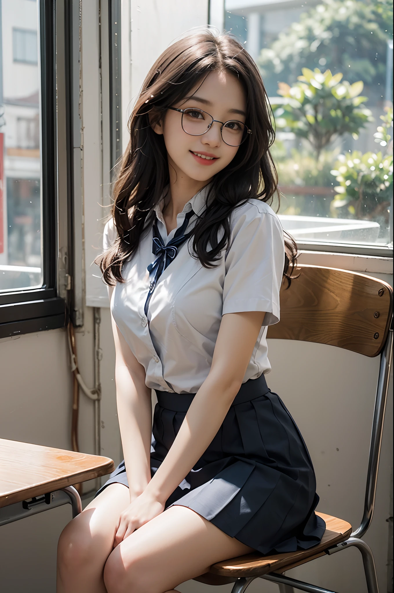 Top image quality、超A high resolution、masutepiece、Photoquality(photographrealistic:1.8)、Delicate skin texture、accuracy、Japan women、、Girl Smile、A dark-haired、Cute dimples、Non-makeup、Medium straight hair、Boyish girl、Black-rimmed glasses、I am an honors student、Slender girl、Smaller chest、Flat-breasted、laugh face、Have a good laugh、Look straight at me、hi-school girl、White short sleeve blouse、White shirt with collar、Gray vest、Japanese high school  girl、校服、Thin Blue Ribbon Tie、Dark blue box pleated skirt、Exposed shirt hem、 I have a paperback、By the window of the classroom、Outside the window is the playground、Sitting on a chair、laugh face、Have a good laugh、Facing the front、reflective light、