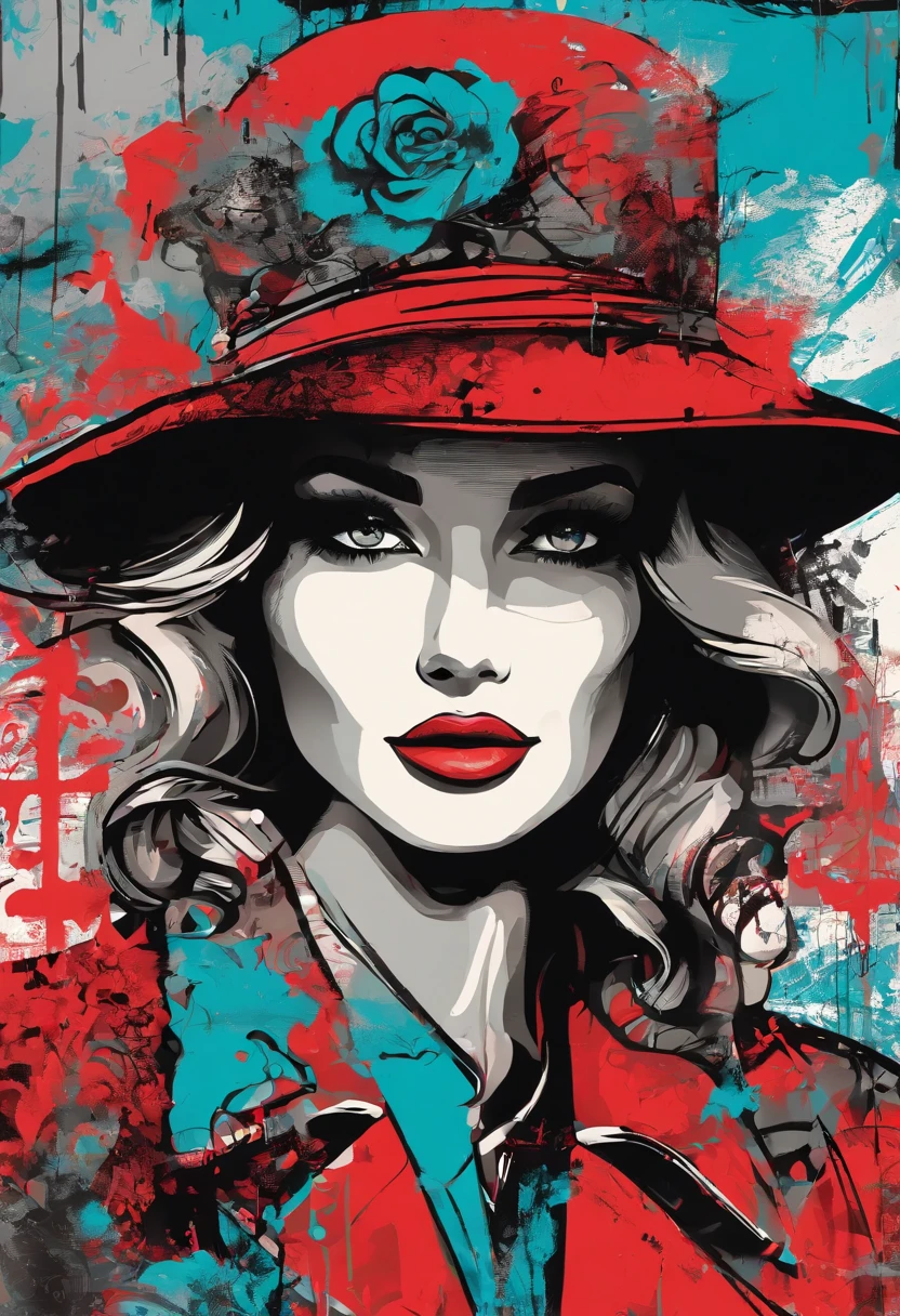 The model wears a red jacket and a black hat, In the style of 32K UHD, Rococo elegance, Vintage style design, bold curves, ferrania p30, Limited color range,