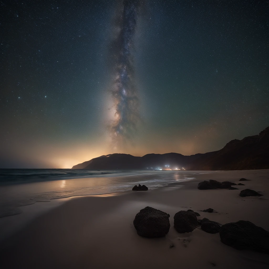Master Parts、Superior Quality、superior image quality、The 8k quality、Beautiful pictures of the starry sky、magnifica、Arched Milky Way:1.9、Sit on the beach and look up at the starry sky
