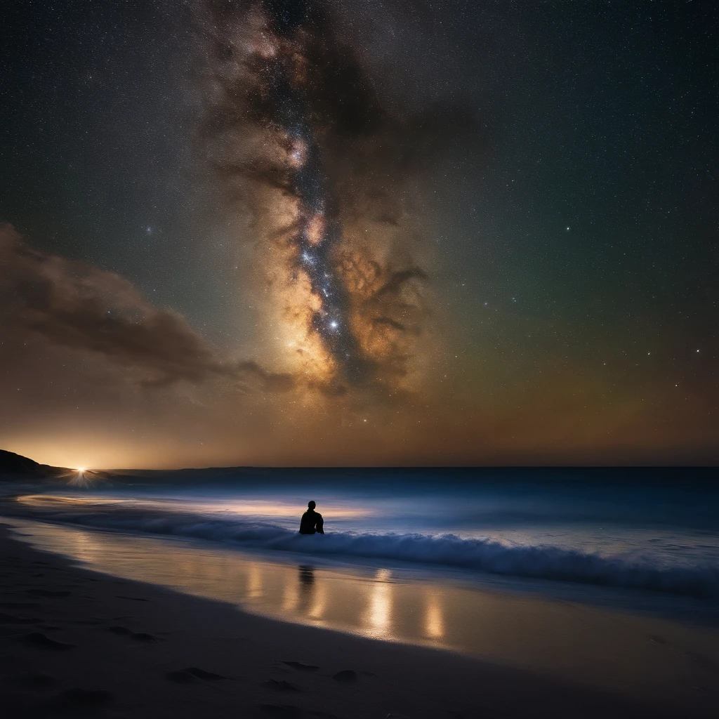 Master Parts、Superior Quality、superior image quality、The 8k quality、Beautiful pictures of the starry sky、magnifica、Arched Milky Way:1.9、Sit on the beach and look up at the starry sky