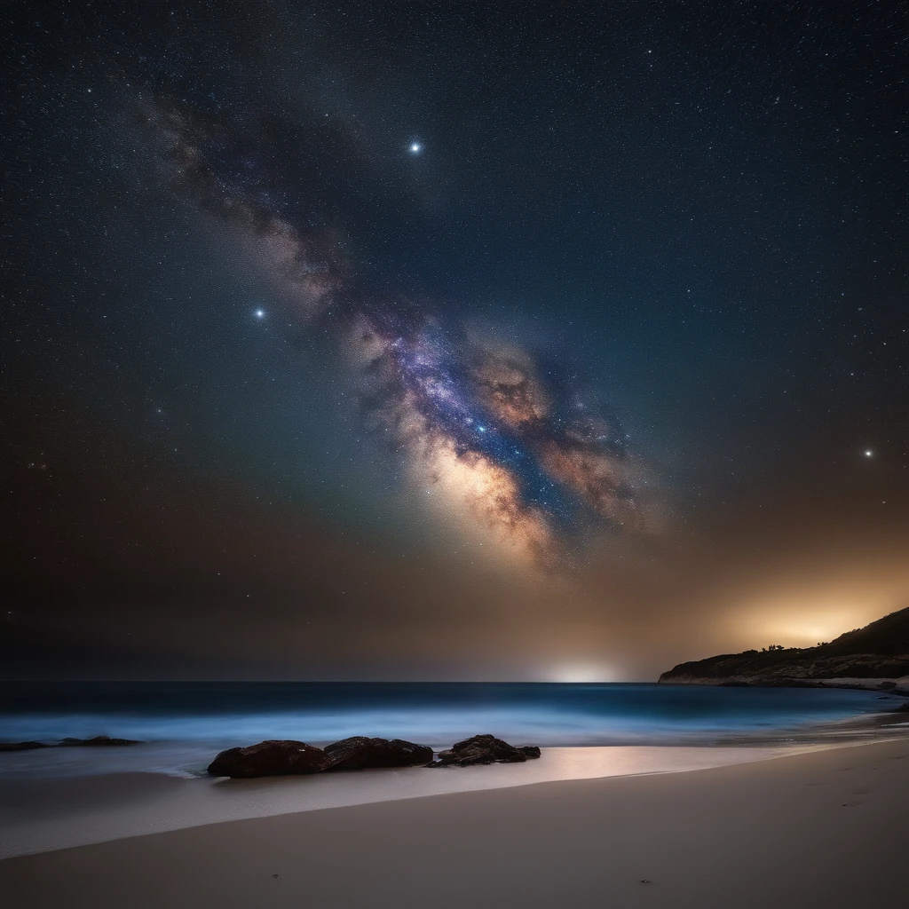 Master Parts、Superior Quality、superior image quality、The 8k quality、Beautiful pictures of the starry sky、magnifica、Arched Milky Way:1.9、Sit on the beach and look up at the starry sky