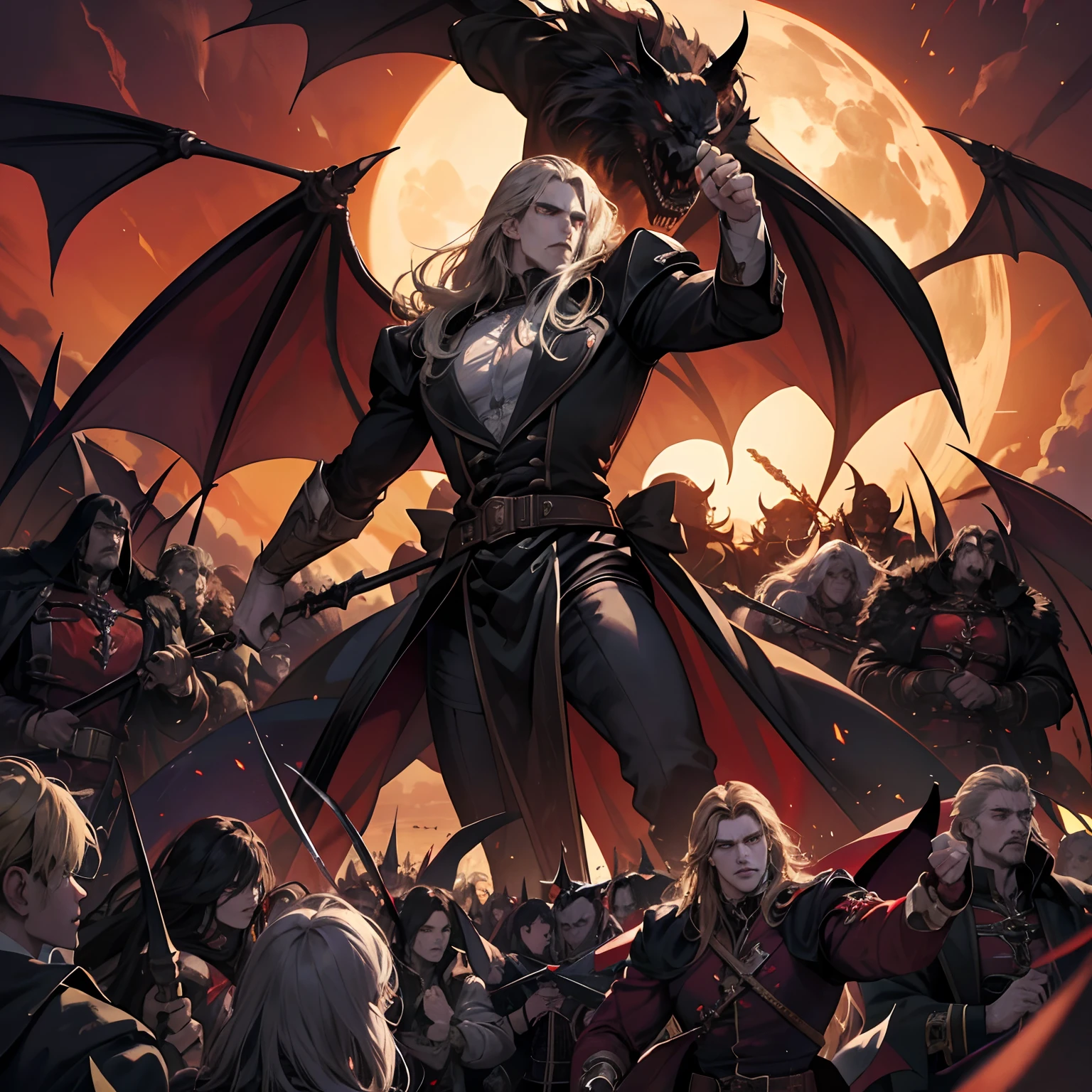 Castlevania Shadow Lord handsome Muscular Lord Dracula leading troops armed with demons to war hyper realistic super detailed dynamic pose super detailed faces hyper realistic super detailed faces hyper realistic super detailed correct poses Anatomy versus the Devil himself leading his demons clash scene between Dracula and Devil hyper realistic super detailed Dynamic shot master piece scene cinematic scenes movie Epic Legendary