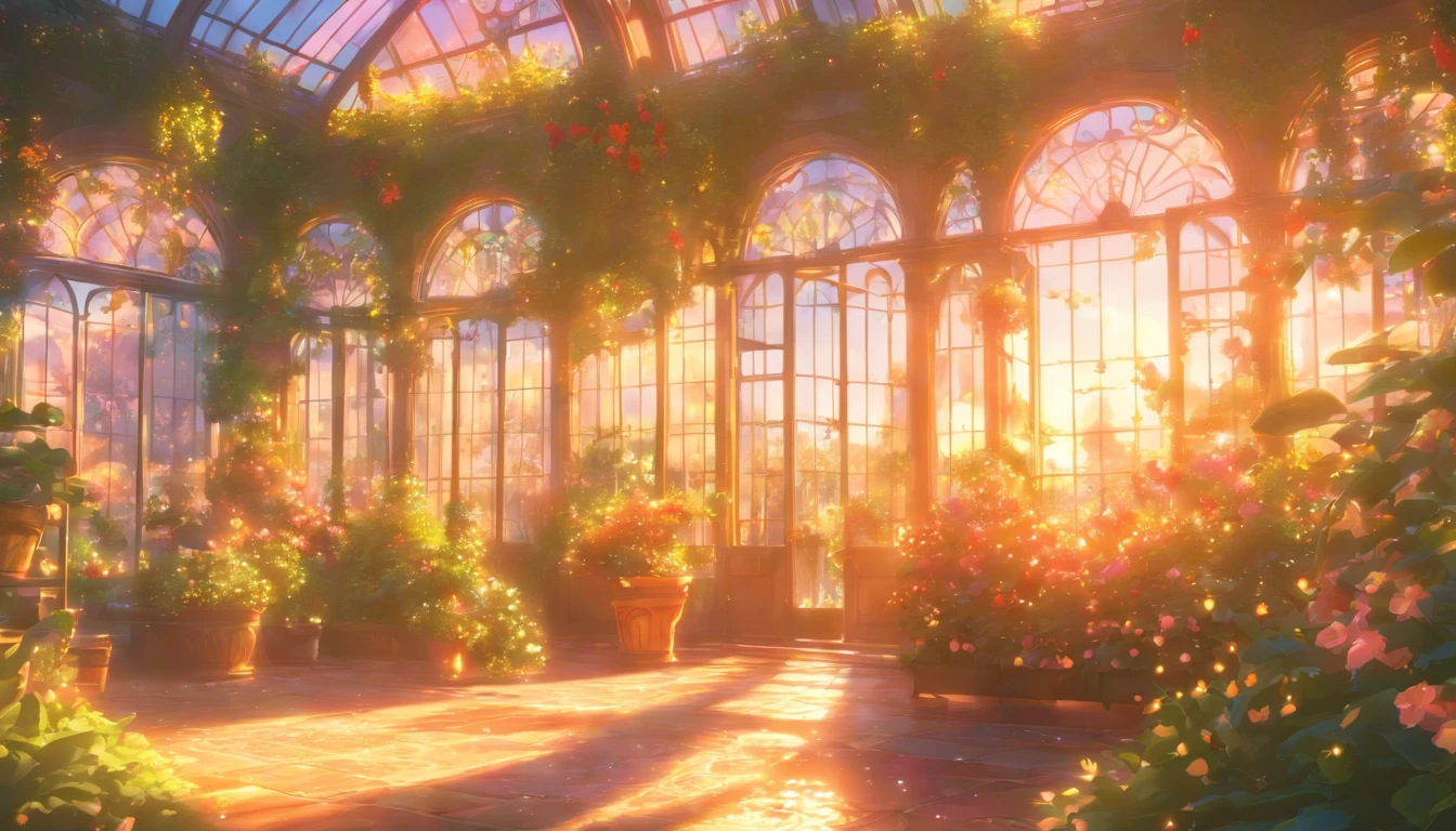 masterpiece, greenhouse, Fantasy, beautiful gardens, Palace gardens, Bright sunlight, Belle Époque, Pixar, Cinematic lighting, Back lighting, 4k, UHD, Best Quality