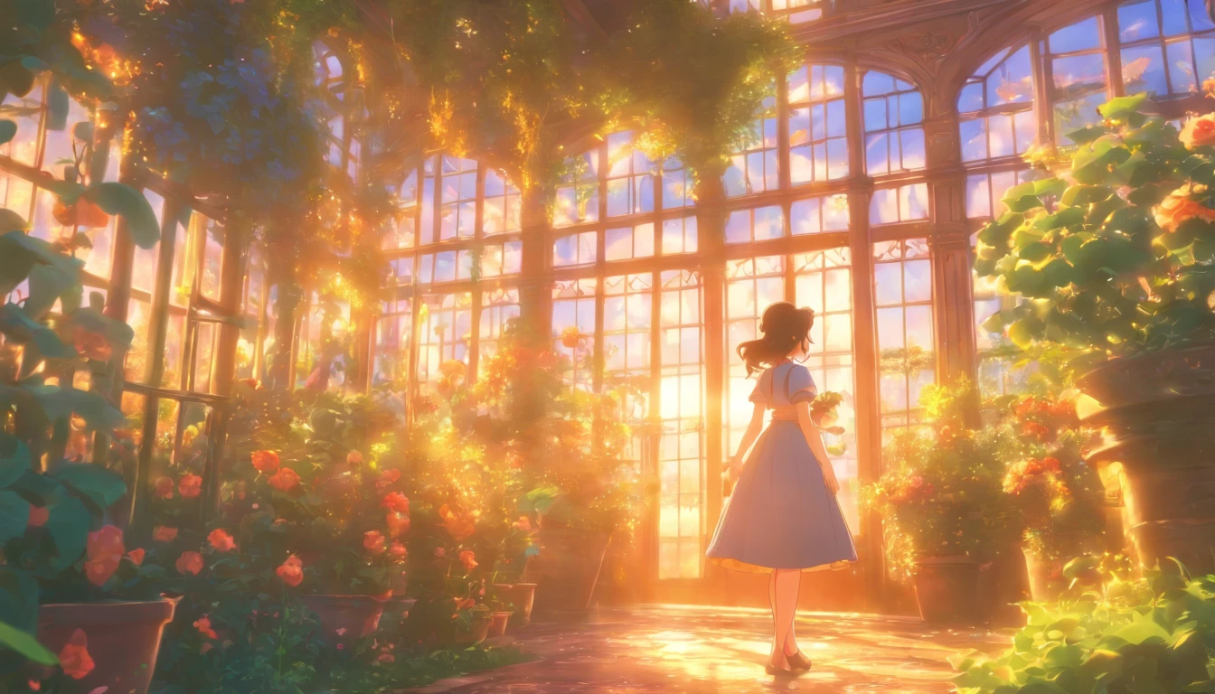 masterpiece, greenhouse, Fantasy, beautiful gardens, Palace gardens, Bright sunlight, Belle Époque, Pixar, Cinematic lighting, Back lighting, 4k, UHD, Best Quality
