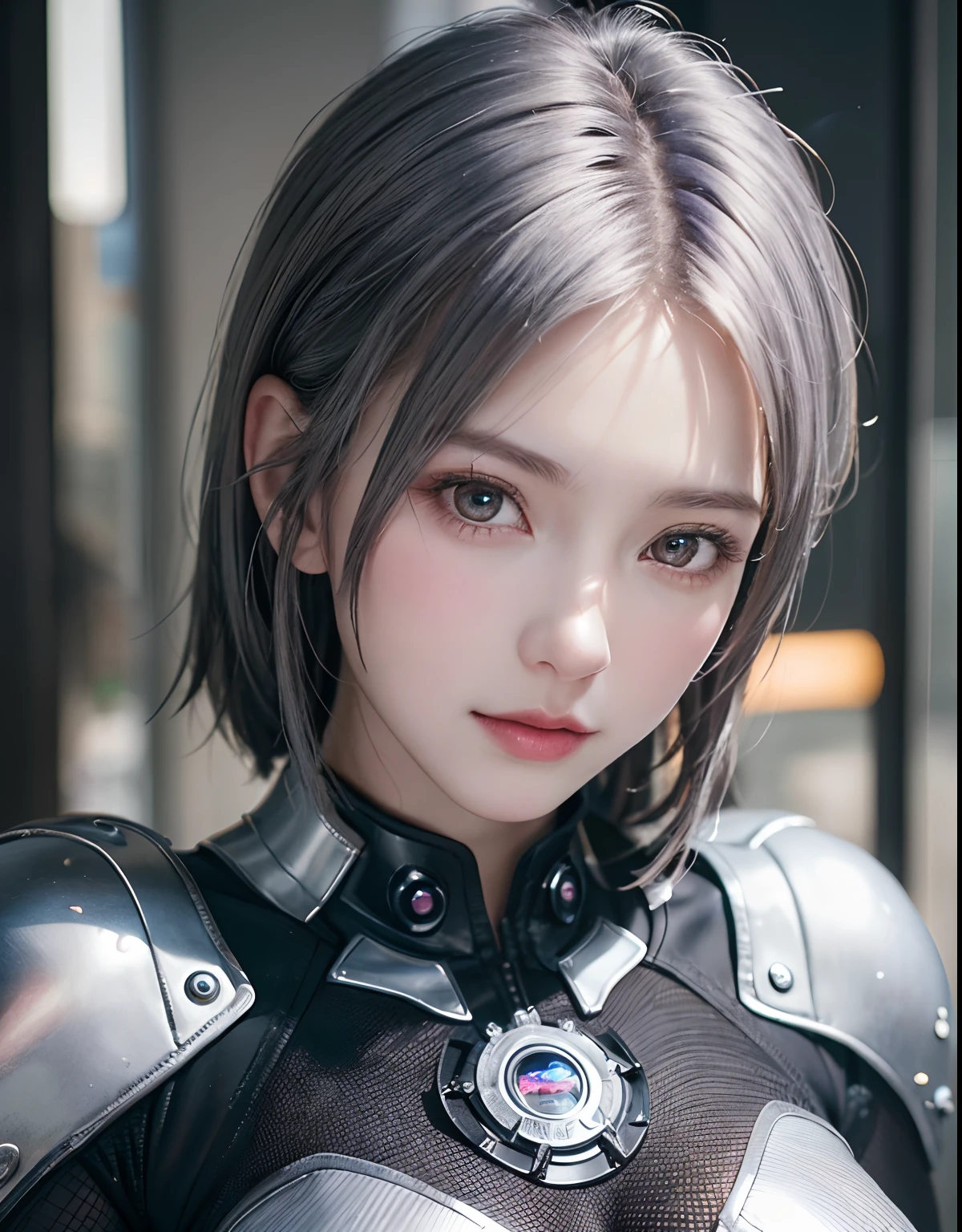 (8K, Photorealistic, Raw photo, of the highest quality: 1.3), (1girl in), Super beautiful, (Realistic face), (boyish, Silver Color Berry Shorthair), Beautiful cyberpunk suit, Glare that captivates the viewer, Beautiful expression, Beautiful breasts, (Realistic skin), Beautiful...