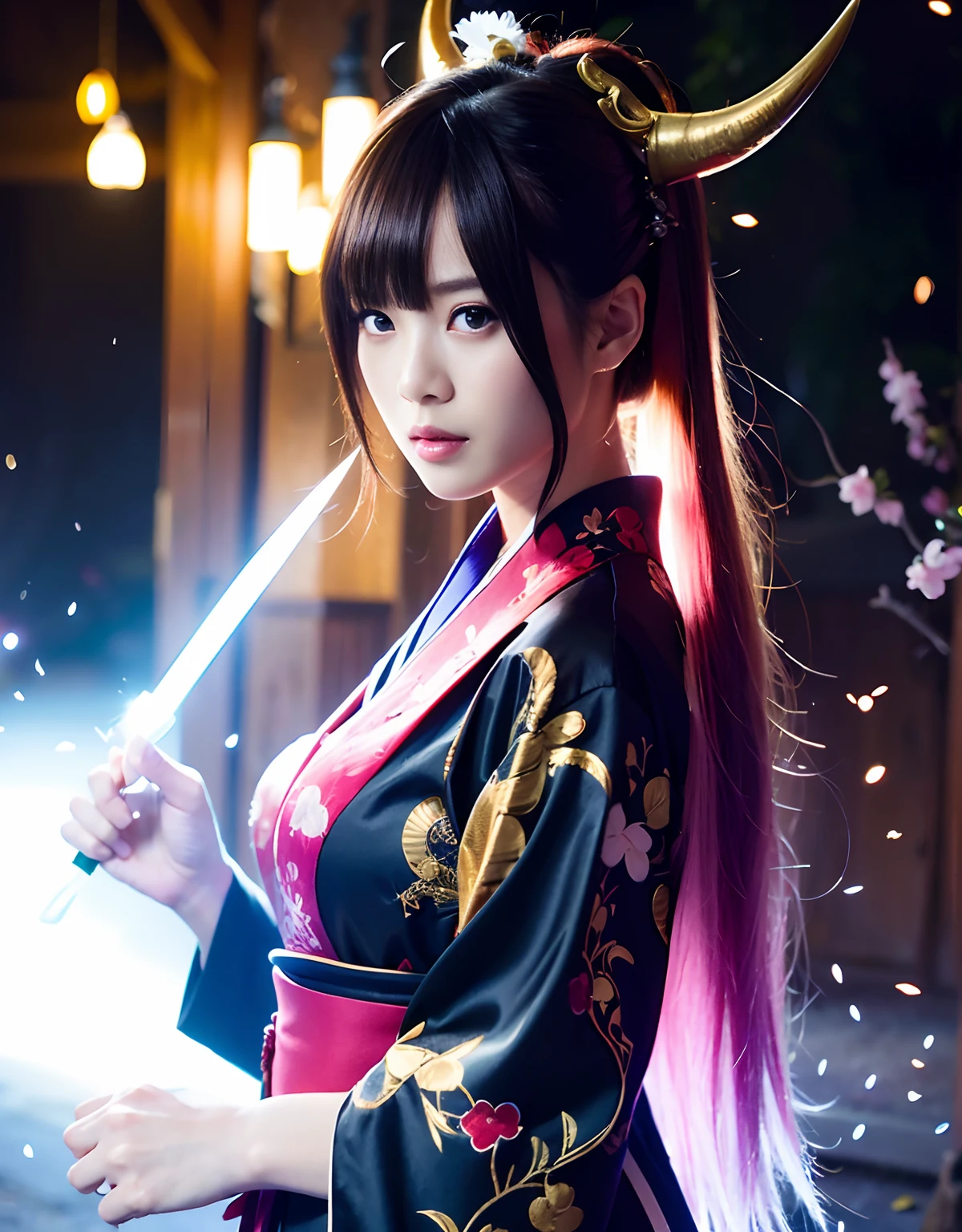 ((World of Darkness)),Professional , ​masterpiece、top-quality、photos realistic , depth of fields 、（Maiko's hairstyle）、(Background of cherry blossoms in full bloom),（Ultimate Beauty）、Red-haired、（Fight ninjas)、（Kimono with beautiful pattern）、（Night background）、（（a dark night））,(Wear a beautiful kimono),（Wear a beautiful kimono with colorful floral patterns）、Jewel Gold Weapon、Particles of light),（Has a devil's mask）、Gorgeous gold weapons ,（（ Gorgeous Dragon Sword）） , （a dark night）,,（maikurobikini） 、（（Black Haired Beautiful Girl））、（Castle background）、（demonic wings）、（（Gangle's forest background））、Beautiful Caucasian beauty、１a person、dynamic ungle,(((Two devil's horns on the head)))、Smaller head、Idle Smile、Thin and beautiful female hands、Mystical expression、Light Effects、intense fighting、Wind-effect、magic circles、With the legendary magic wand、Dragon's tail、Anatomically correct body、