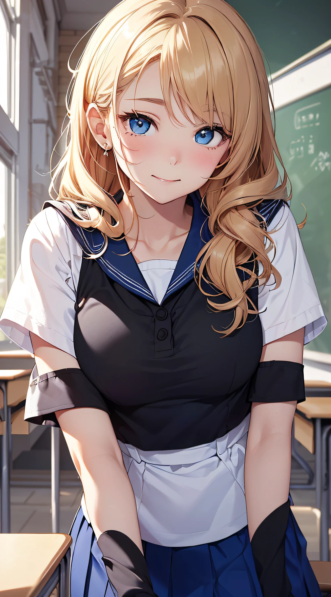 top-quality、Top image quality、​masterpiece、girl with((18year old、Sailor suit with short sleeves、Black Sports Bra、Blue short skirt、Best Bust、Bust 85、a blond、Longhaire、Blue eyes、open chest wide、Happiness、Black wristband on wrist、A slender、Shy face、耳Nipple Ring、all fours pose,Get closer to your audience、The gesture of pulling up the hair、Dye cheeks)）hiquality、visualart、Romance movie style、Background with((After-school classroom))、masutepiece、