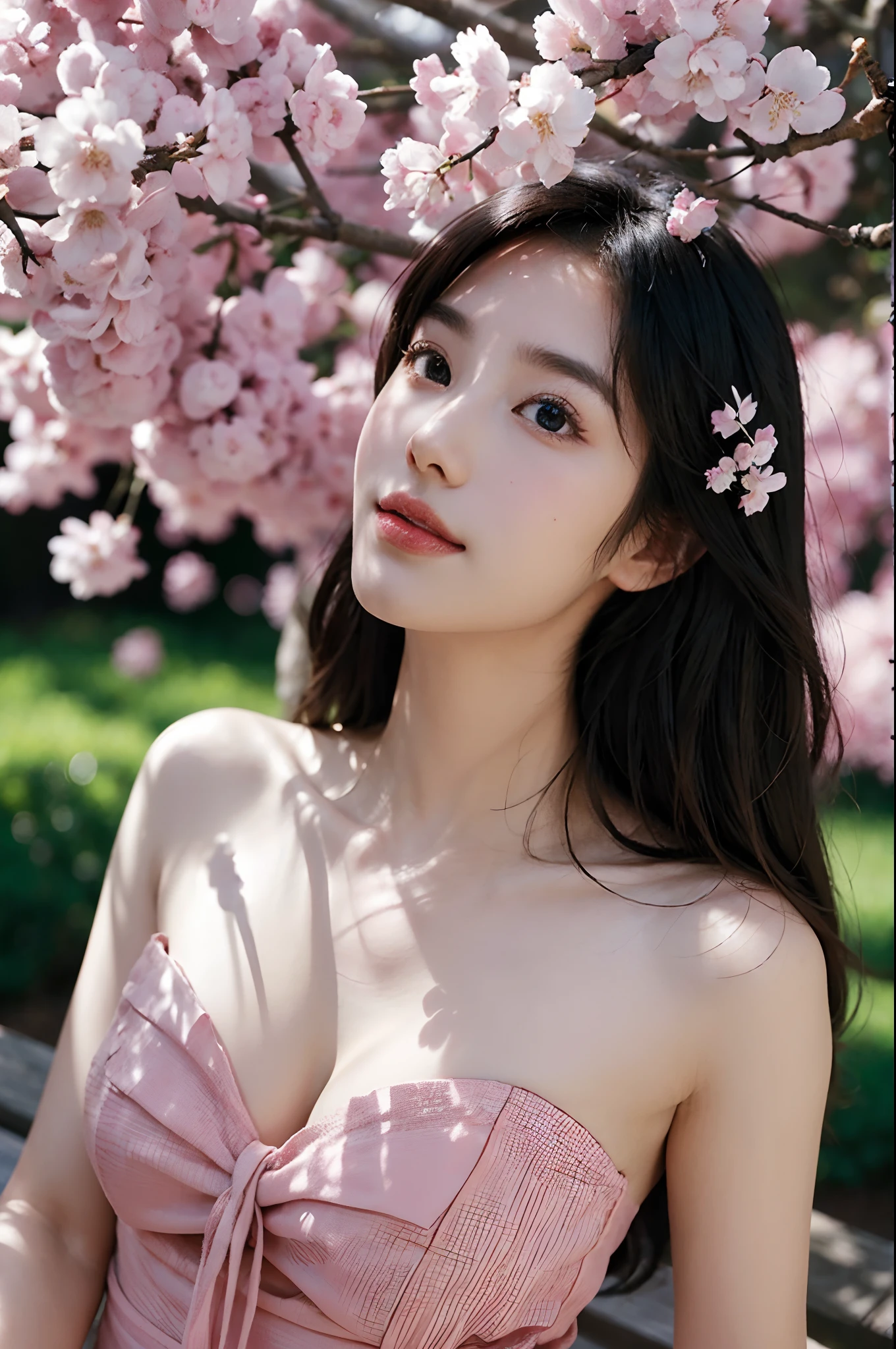 (Best quality,4K,8K,A high resolution,Masterpiece:1.2),Ultra-detailed,(Realistic,Photorealistic,photo-realistic:1.37),Beautiful detailed eyes,beautiful detailed lips,Extremely detailed eyes and face,Long eyelashes,slender leg,nice thigh,perfect hand,1girll,korean beautifull girl,Japanese and Korean beauties,Korean,Large cleavage,deep v big breasts,Under the cherry blossoms,Enchanted smile,feminine charm,Flowing black hair,Elegant posture,Beautiful dance moves,Soft sunlight filters through the branches,Subtle shades of pink and white,tranquil ambiance,The breeze rustles the petals,Portrait style painting,Meticulous brushstrokes,Texture canvas,Delicate petals,Ethereal beauty,There is a faint blush on the cheeks,Natural and enhanced functionality,Classic Korean makeup,Sparkling eyes,setting in nature,Tranquil background