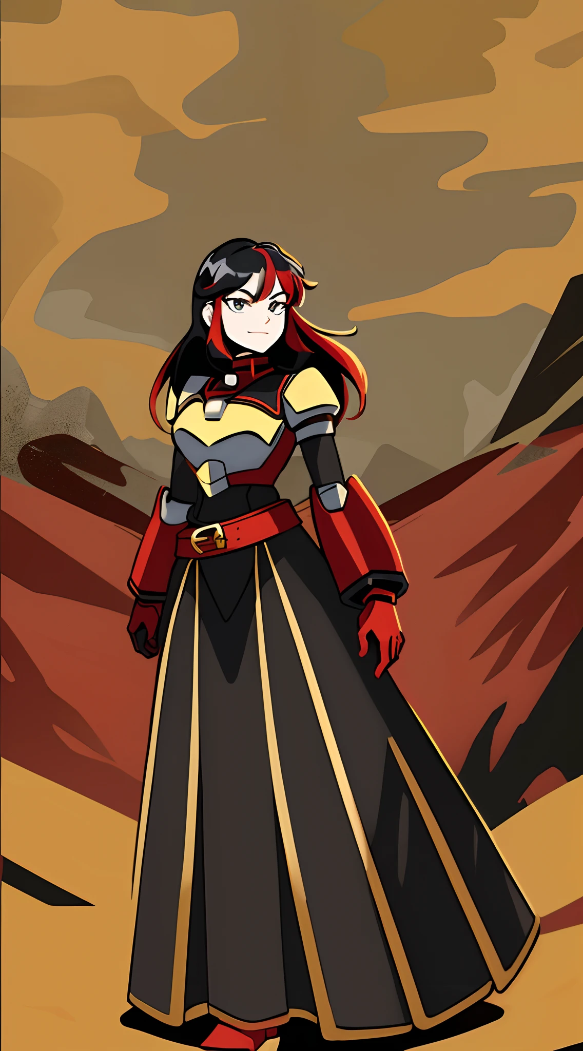 ((Masterpiece, Best Quality)): 1Girl, Princess Ryuko matoi wearing Heavy red black and gold Knight Armor, heavy mech armor, cyber armor red and black, gold belt, heavy red black dress, long hair, long tapered red dress with gold and black highlights, princess armor, long flowing black dress with red highlights and gold waist belt, red mechsuit, looking at viewer at eye-level, full-body, forest background, forest background with large mountains, heavy armored black gold and red dress, looking at viewer with closed smirk