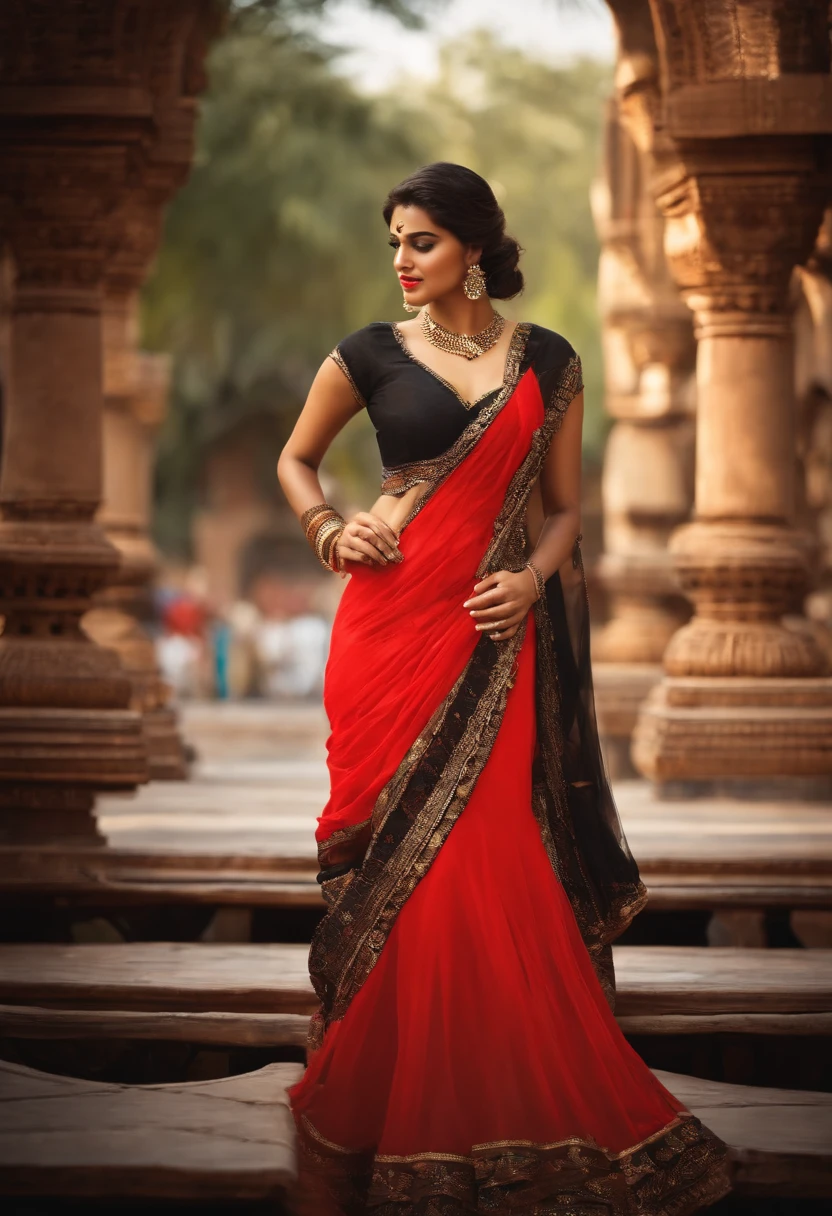 hot girl,  (best quality, highres), black heair, read and Wight Dresse fitting, indian