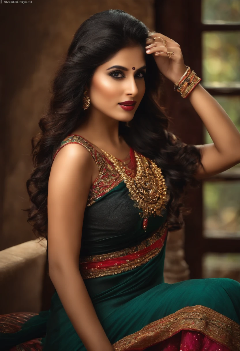 hot girl,  (best quality, highres), black heair, read and Wight Dresse fitting, indian