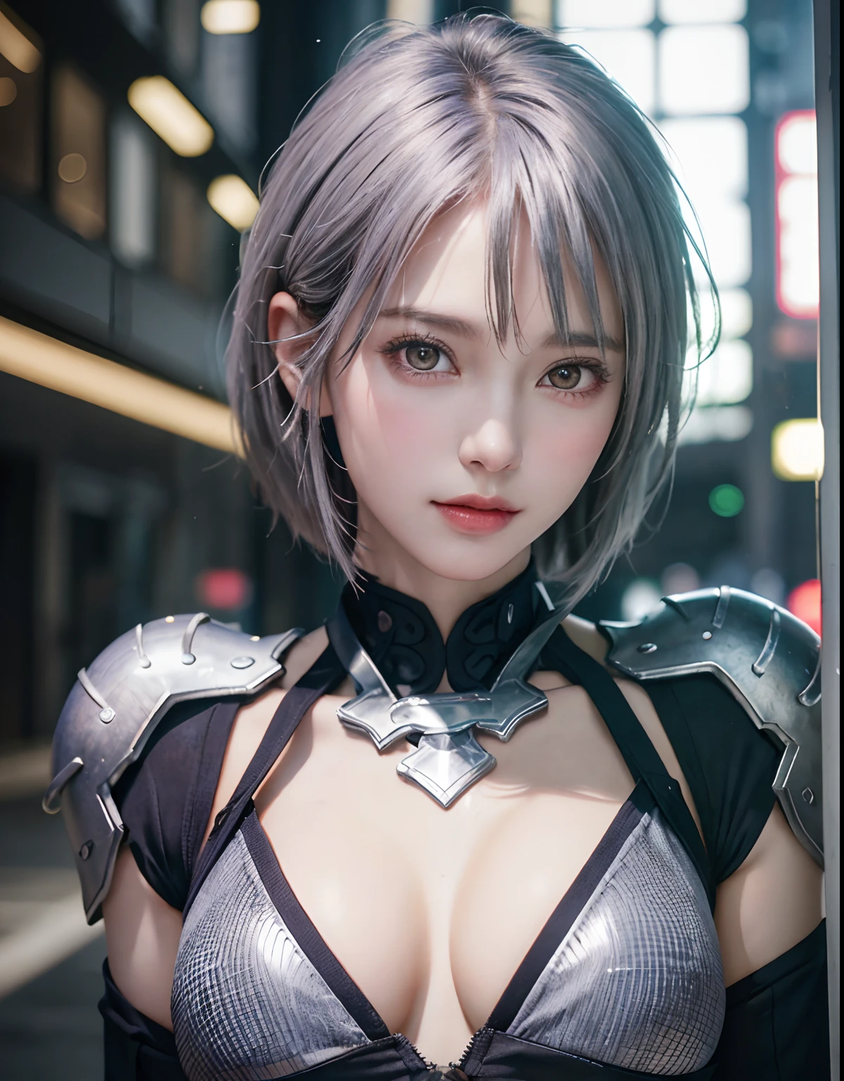 royal palace、short hair、brunette-like silver hair、ファイナルfantasy、fantasy、Sober costumes、cotton clothes、leather clothes、highest quality、genuine、(faded texture)、In 8K、fine skin、young half、18-year-old、Super detailed、High resolution、professional lighting、huge boobs、
