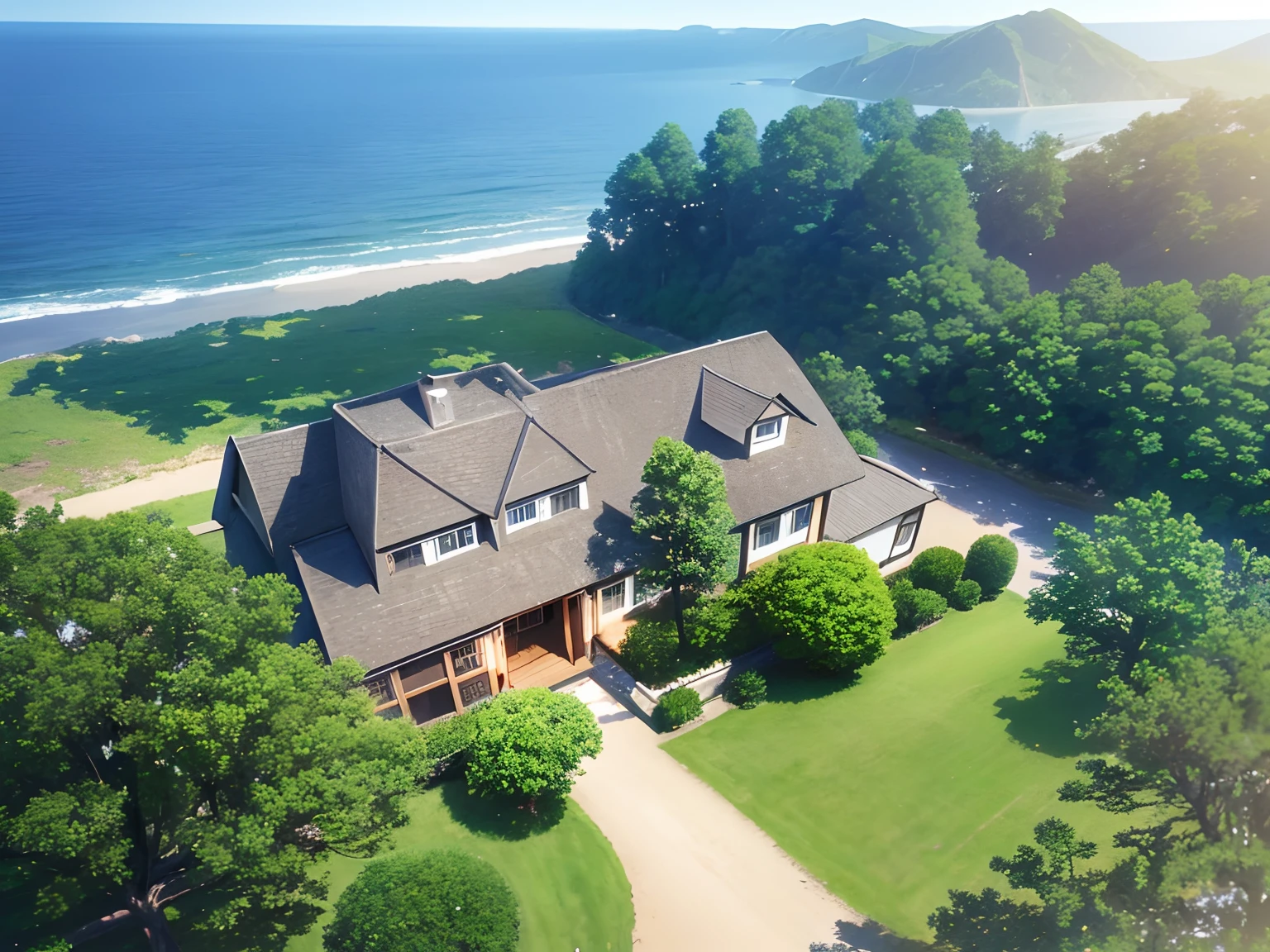 Sea, Blue sky full of sunshine, Clouds, A cottage, Soft lighting, Ultra photo realsisim, Cinema lighting, Miyazaki Pixar style, Landscape image of Hayao Miyazaki, surrealism, Realistic, Full-HD,1080p,2K,4K,8K, High detail, hyper qualit, high resolution, 8k smooth, three point perspective, super wide shot, cinema shot, on focus, Wide- angle view, landscape shot, full lenght shot(FLS), detail shots(ECU), illusory engine, Maxon Cinema 4D, Quixel Megascans Render, very wide angle shot, Epic composition