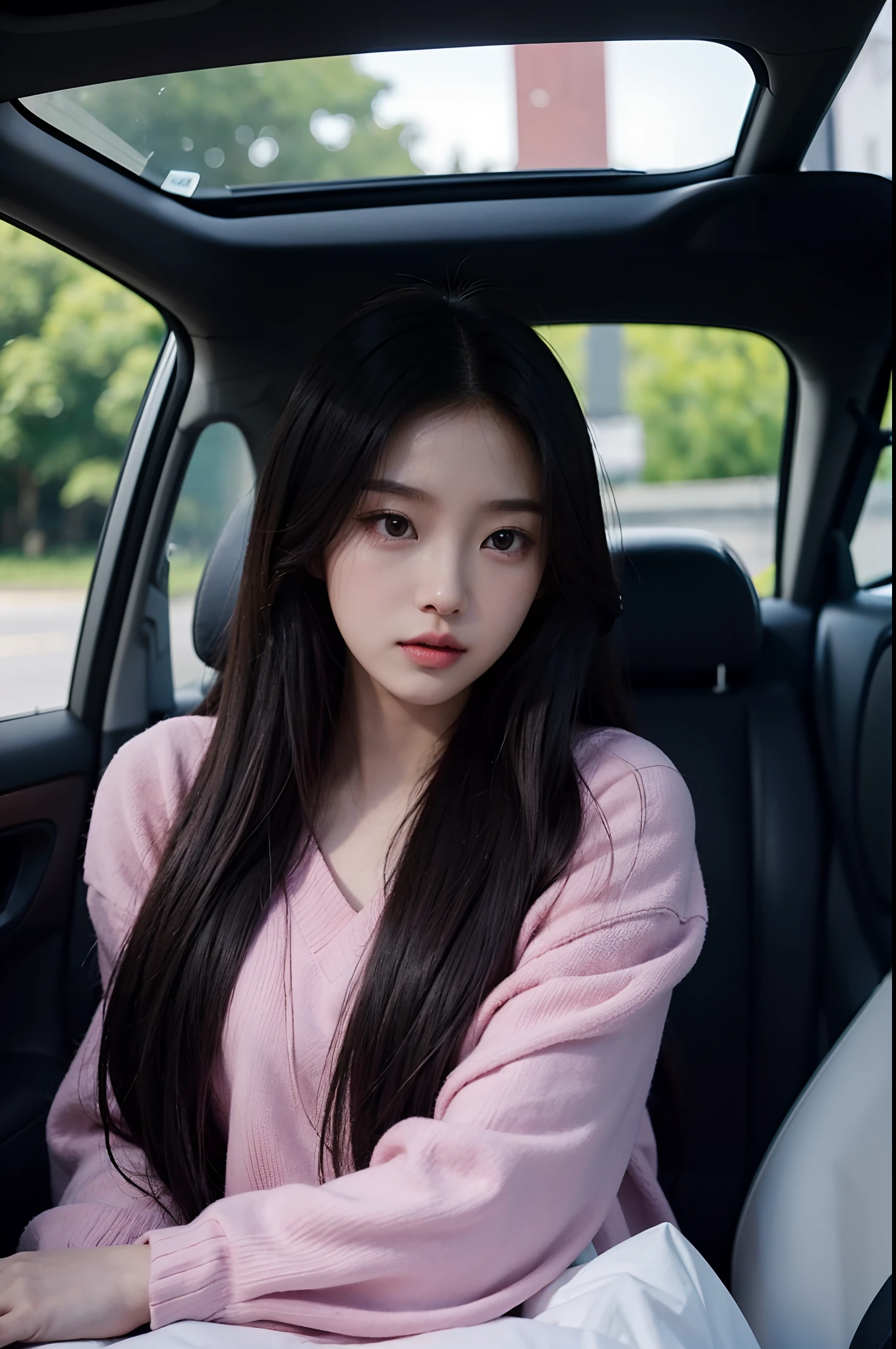 there is a woman with long hair sitting in a car, young cute wan asian face, sun yunjoo, xision wu, blackpink jennie, xintong chen, sha xi, asian face, headshot profile picture, wide forehead, jisoo from blackpink, krystal, without makeup, 2 8 years old, gemma chen, 2 7 years old, wenfei ye