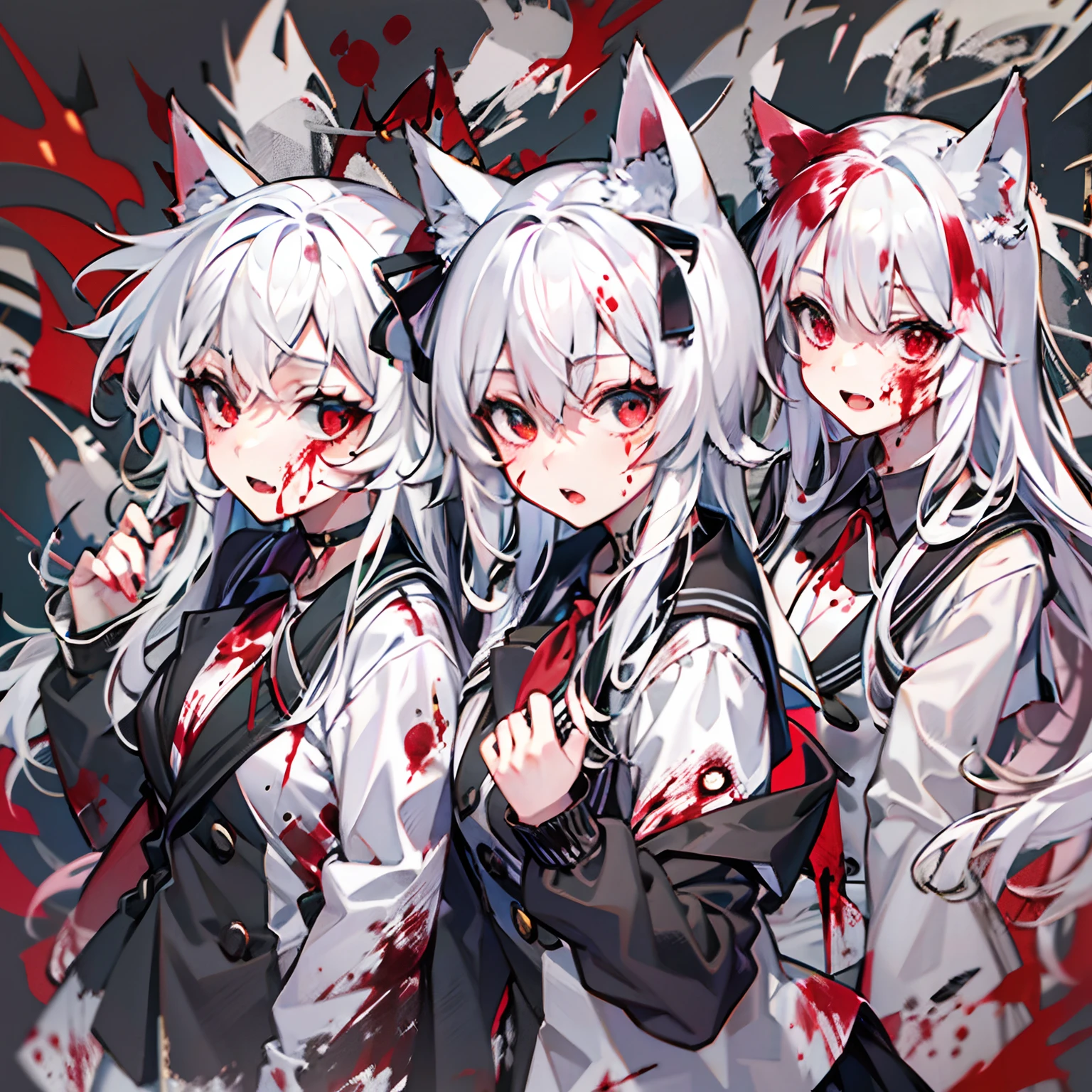 girls,White hair,hair messy,Wolf ears,red color eyes,Outfit in black,Blood on the face,The expression is resolute。