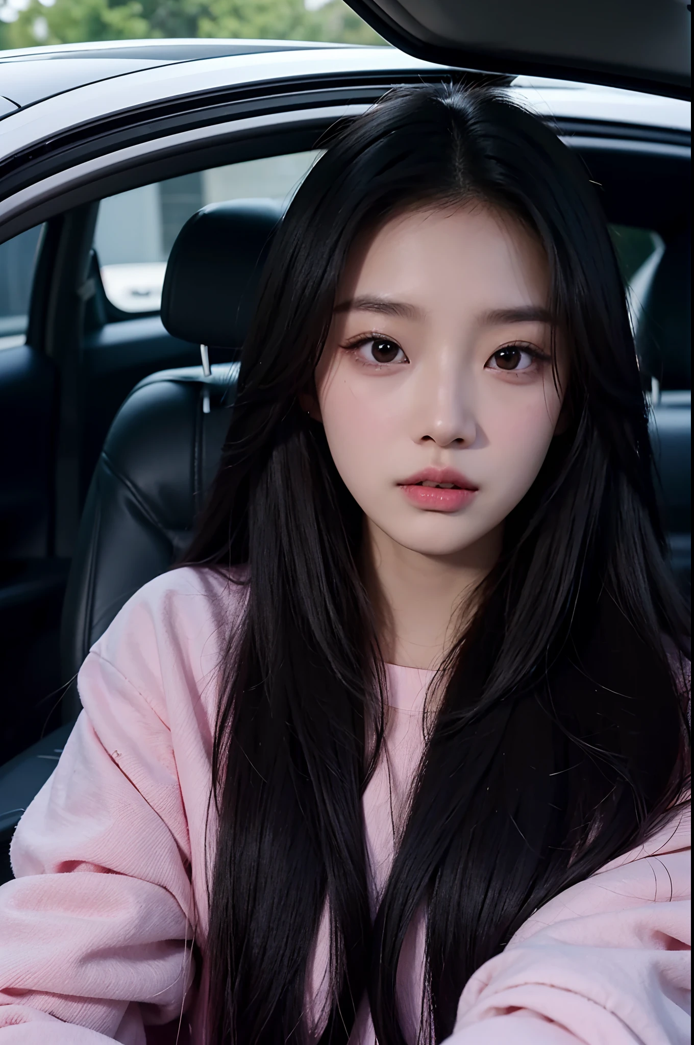 there is a woman with long hair sitting in a car, young cute wan asian face, sun yunjoo, xision wu, blackpink jennie, xintong chen, sha xi, asian face, headshot profile picture, wide forehead, jisoo from blackpink, krystal, without makeup, 2 , gemma chen, 2 7 years old
