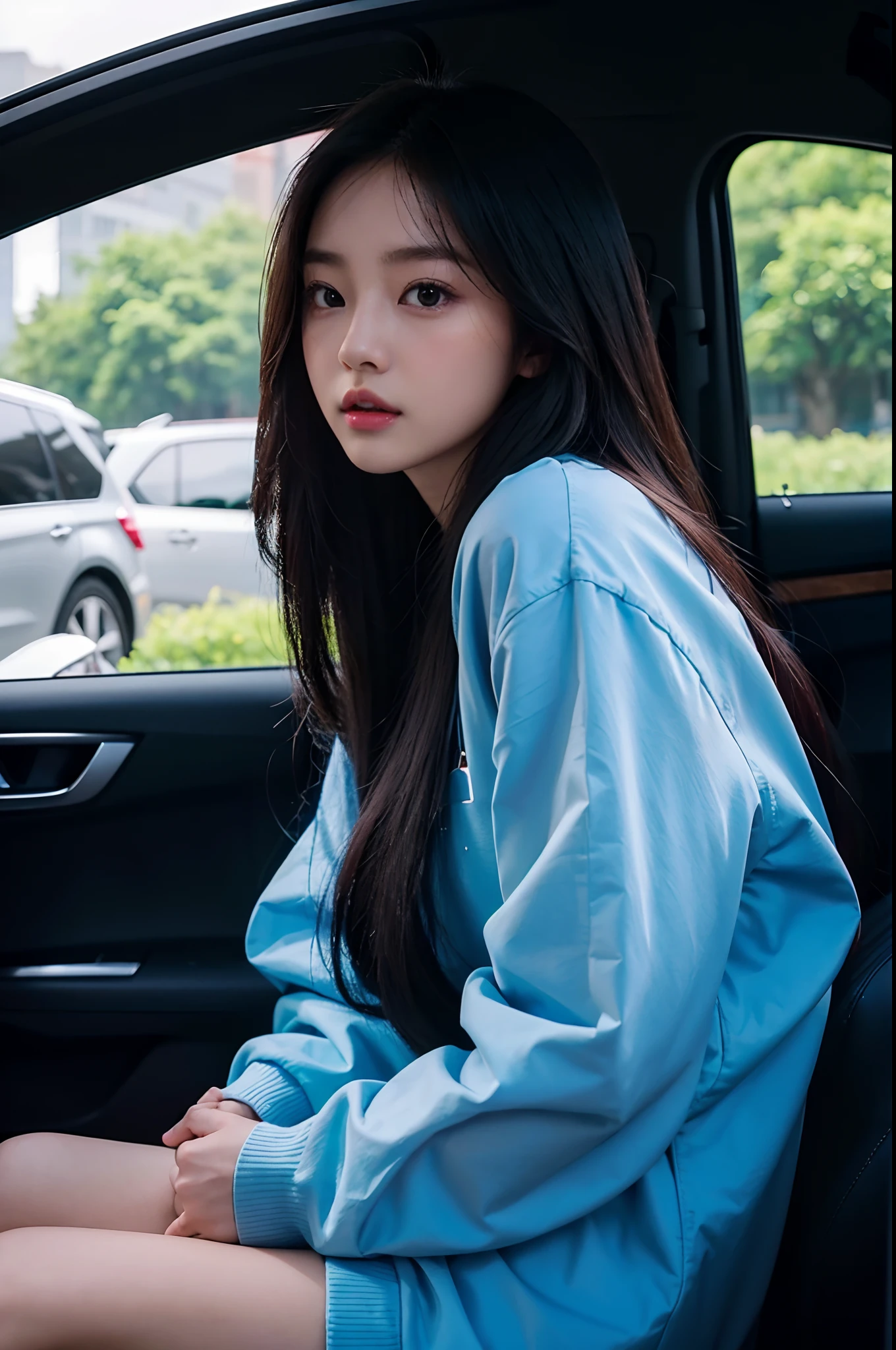 there is a woman with long hair sitting in a car, young cute wan asian face, sun yunjoo, xision wu, blackpink jennie, xintong chen, sha xi, asian face, headshot profile picture, wide forehead, jisoo from blackpink, krystal, without makeup, 2 8 years old, gemma chen, 2 7 years old, wenfei ye