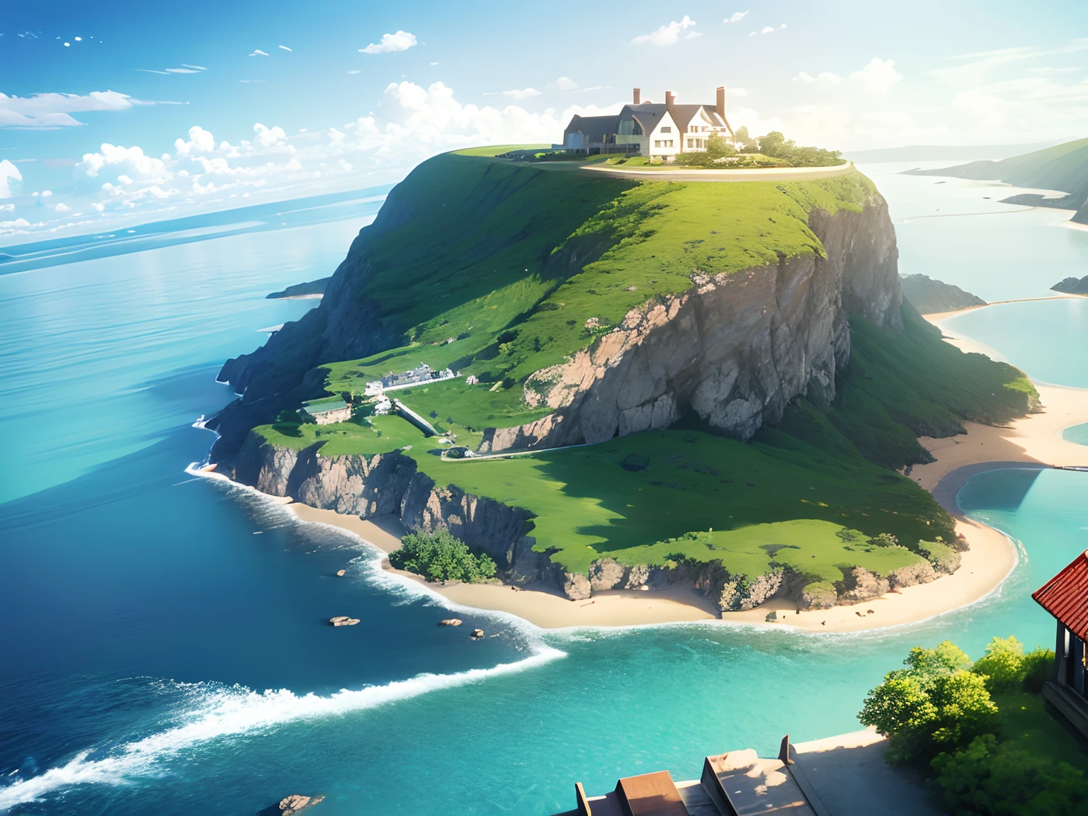 Sea, Blue sky full of sunshine, Clouds, A cottage, Soft lighting, Ultra photo realsisim, Cinema lighting, Miyazaki Pixar style, Landscape image of Hayao Miyazaki, surrealism, Realistic, Full-HD,1080p,2K,4K,8K, High detail, hyper qualit, high resolution, 8k smooth, three point perspective, super wide shot, cinema shot, on focus, Wide- angle view, landscape shot, full lenght shot(FLS), detail shots(ECU), illusory engine, Maxon Cinema 4D, Quixel Megascans Render, very wide angle shot, Epic composition