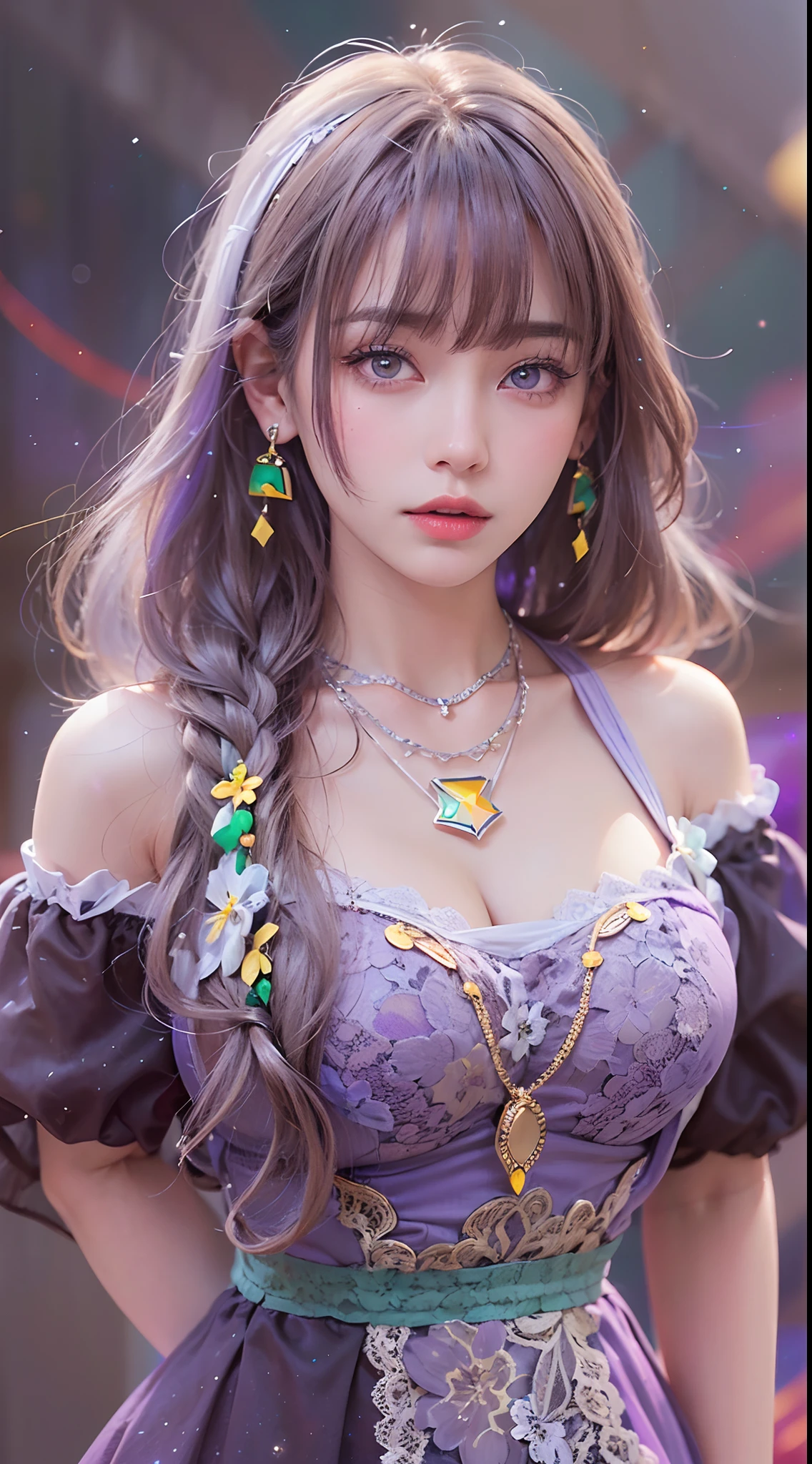 A beautiful and sexy 20-year-old girl, wearing a red dress super thin ((long hair with bangs dyed blue yellow purple platinum white green:1.5)), jewelry most detailed and beautiful hair, ((wearing purple lace necklace:1.6)), Super cute little face, very pretty face, thin eyebrows, flawless beautiful face, ((black eye pupils: 0.8)), very beautiful eyes, ((brown eyes:1.4)), beautiful makeup and detailed eyelashes, high nose, earrings, red lips, ((closed mouth:1;5 )) beautiful lips, slim hands, most beautiful thighs, ((arms spread to the sides: 1.5)), rosy face, clean face, beautiful flawless face, smooth white skin, (big breasts:1.5)), ((higth breasts: 1.6)), Plump breasts, beautiful cleavage, ((big and super round breasts: 1.8))), ((super tight breasts:1.5)), beautiful breasts, arms behind, upper body beautiful girl, 8k photo, super high quality, super realistic, 10x super pixel, real photo, dark studio, light border, two - tone light color, (high detail skin:1.2), super 8k, soft light , high quality, volumetric lighting, realistic, Photo, high resolution, lighting, best photo, 4k, 8k quality, blur effect, Smooth and sharp, 10x pixels, (galaxy:1.7), aurora, lightning, surreal graphics, most realistic graphics, alone, solo, Extremely sharp, surreal images, (((frontal portrait:1.2)))."