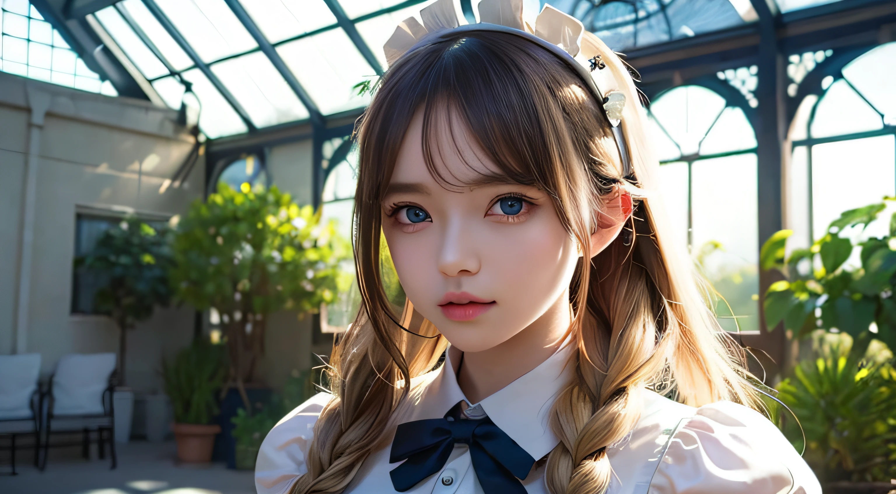 ((Flower style)), (Advancer), (1girl in), (((Solo))), (Realistic:1.5), light Particle, llight rays, Victorian, (Best Illustration), Photorealistic, Octane Render, 8K, Neon light, Flying Cars, Detailed face, Detailed eyes, ((maid)), maid headband, long braid, Very long hair, Blonde hair, Blue eyes, (Sharp eyeliner, eyeshadows, Detailed eyes:1.1), (ulzzang-6500), model poses, (Standing), (Outdoors), Noon time, public area, Indoors, (Greenhouse in the background), Break G36