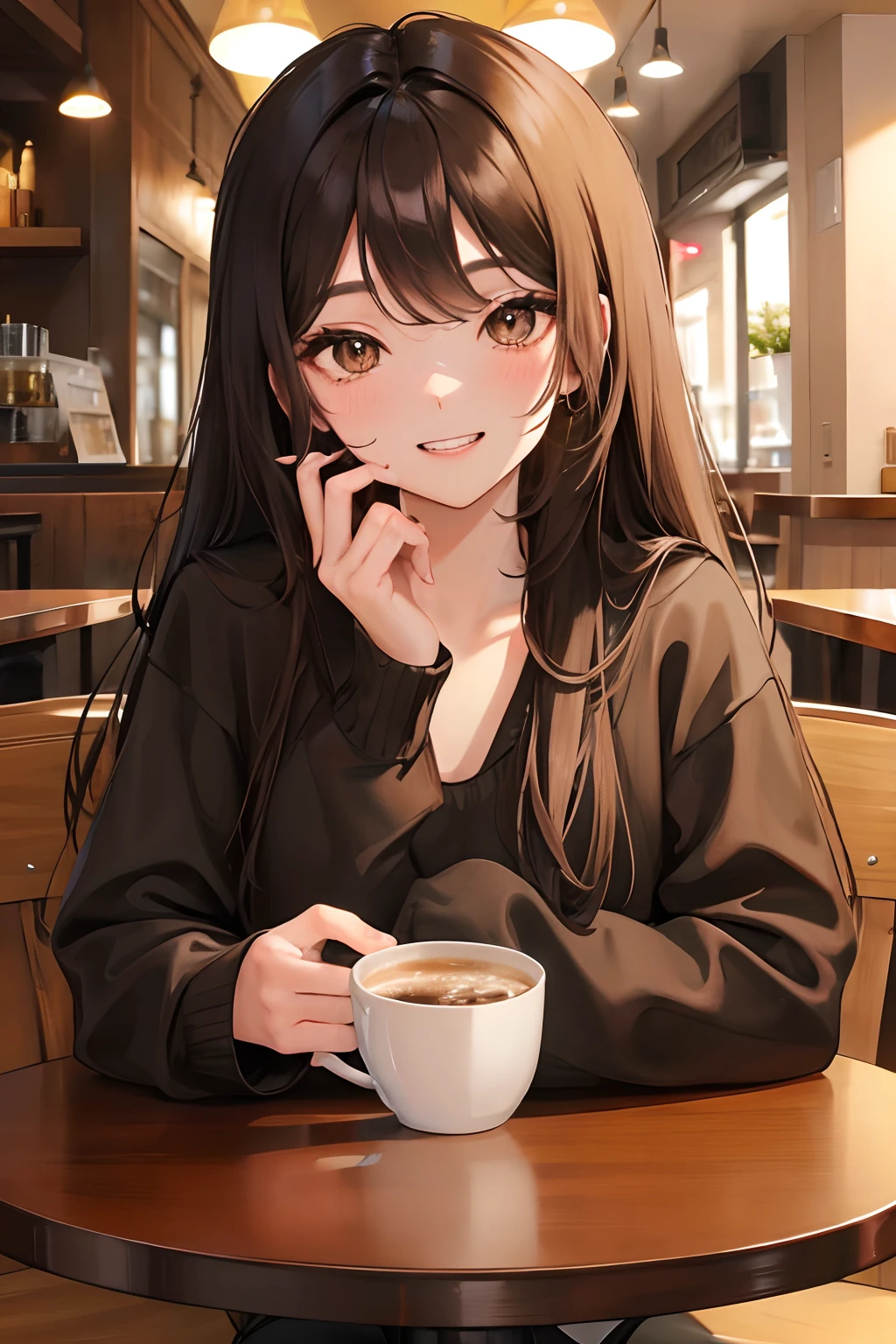 Gal、During meals、Cafe、Upper Body、Looks sleepy、Brown Hair、Around 25 years old、Anime style illustrations