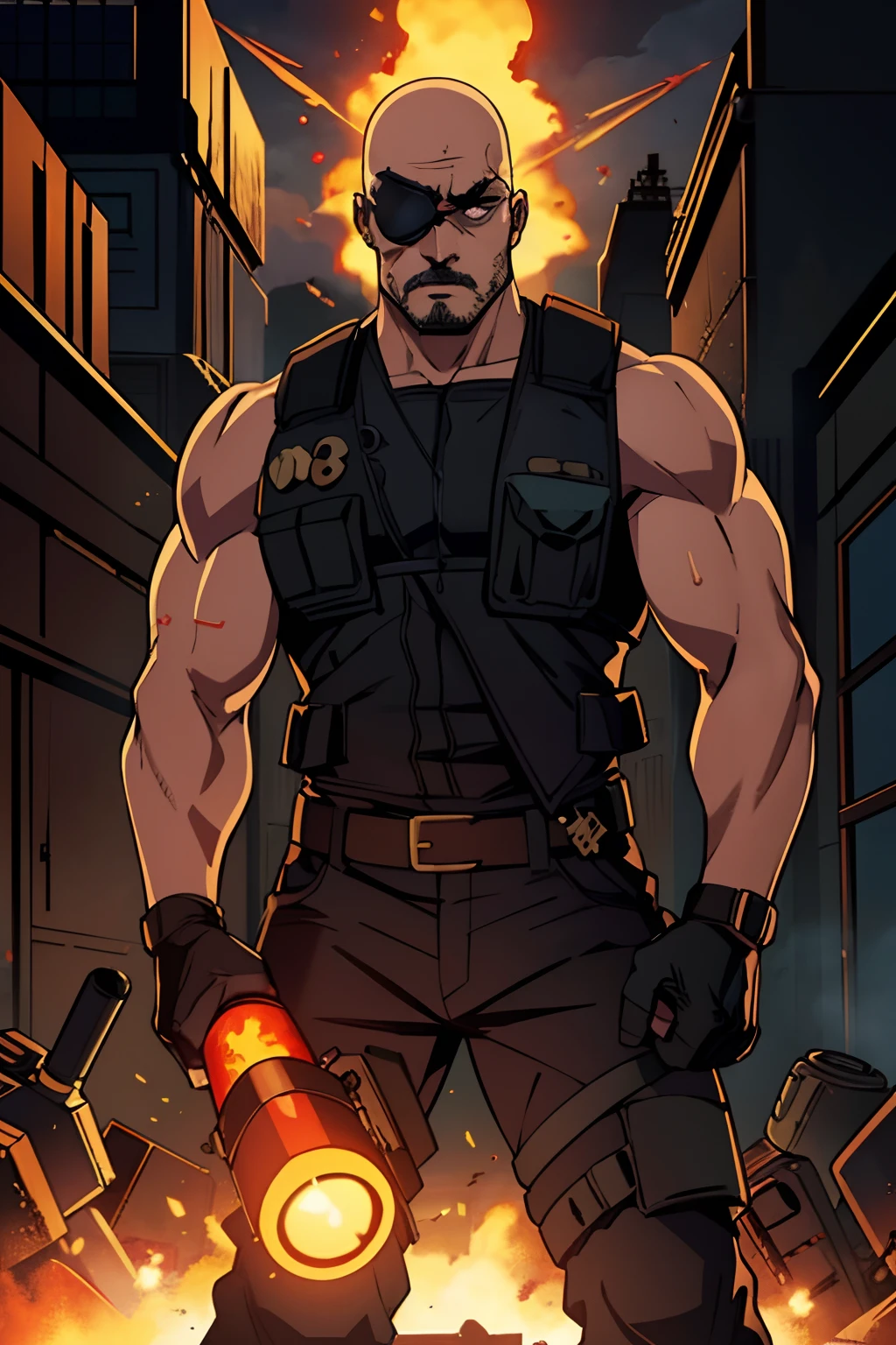 A bald man with (intense expression:1.1) (eye patch:1.3) (one-eyed:0.9) holding (TNT dynamite :1.3) sticks in his hands. He is wearing a (military vest:1.1) and has a naked torso, revealing his (muscular build:1.1). The (TNT dynamite :1.25) are attached to the ((military vest)), making him resemble a (Crazy Ivan:1.1), a notorious (bomber man:1.1) from Russia. The man exudes an aura of danger, ready to (ignite:0.9) chaos and destruction. The lighting casts dramatic shadows, emphasizing his menacing presence. The colors are (dark and intense:1.1), adding to the sense of foreboding.