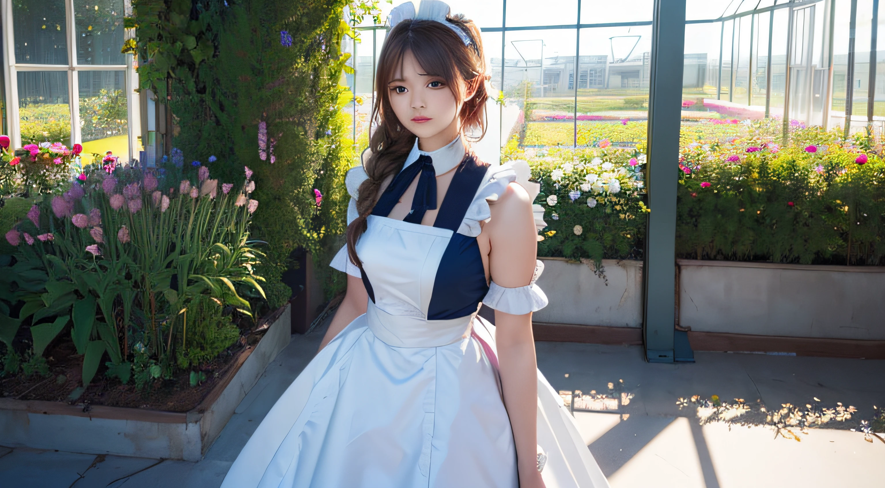 ((Flower style)), (Advancer), (1girl in), (((Solo))), (Realistic:1.5), light Particle, llight rays, Victorian, (Best Illustration), Photorealistic, Octane Render, 8K, Neon light, Flying Cars, Detailed face, Detailed eyes, ((maid)), maid headband, long braid, Very long hair, Blonde hair, Blue eyes, (Sharp eyeliner, eyeshadows, Detailed eyes:1.1), (ulzzang-6500), model poses, (Standing), (Outdoors), Noon time, public area, Indoors, (Greenhouse in the background), Break G36