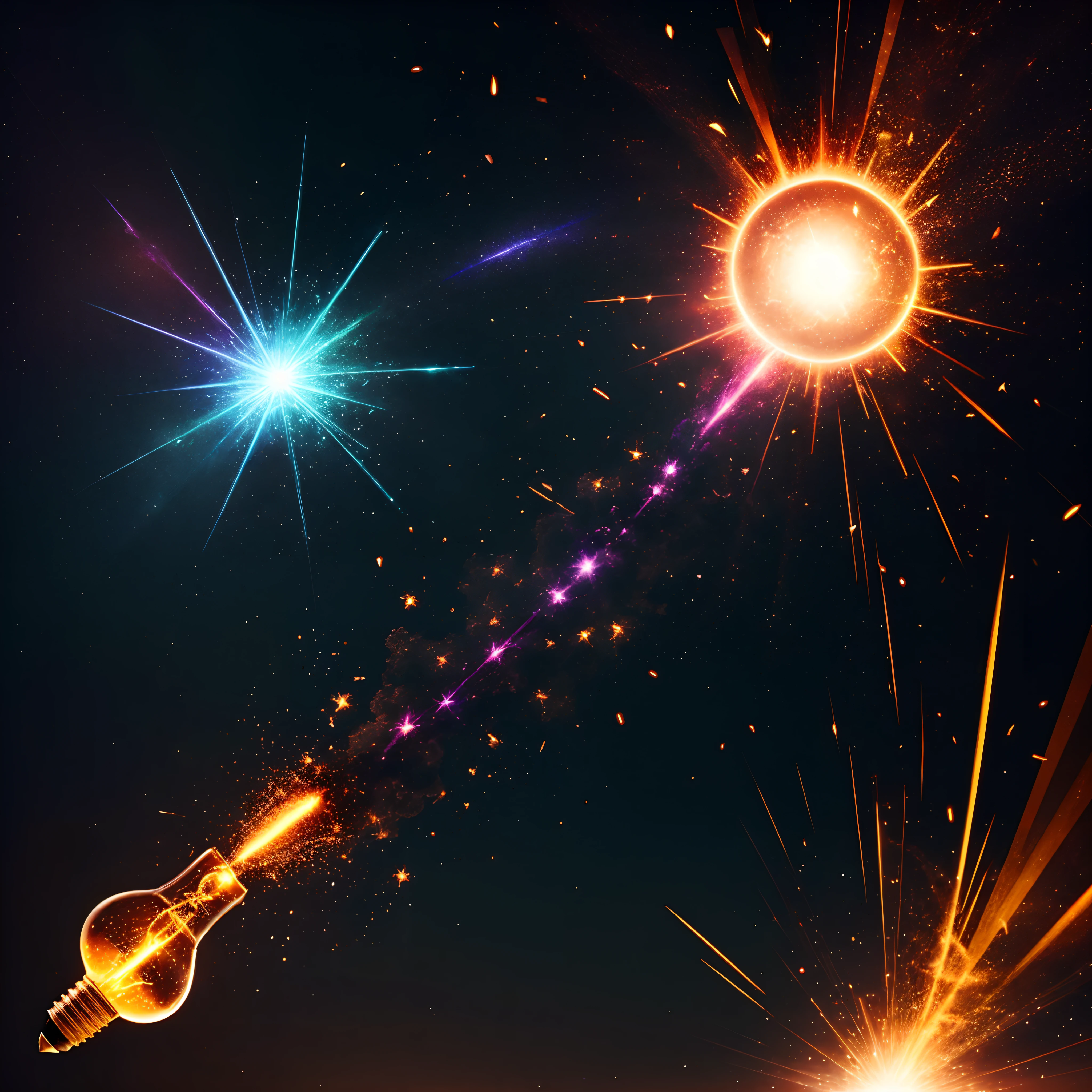 light bulb, explosion of brilliant light bursts from the light bulb, enlightenment, new idea, vivid colours, epic fantasy, joy