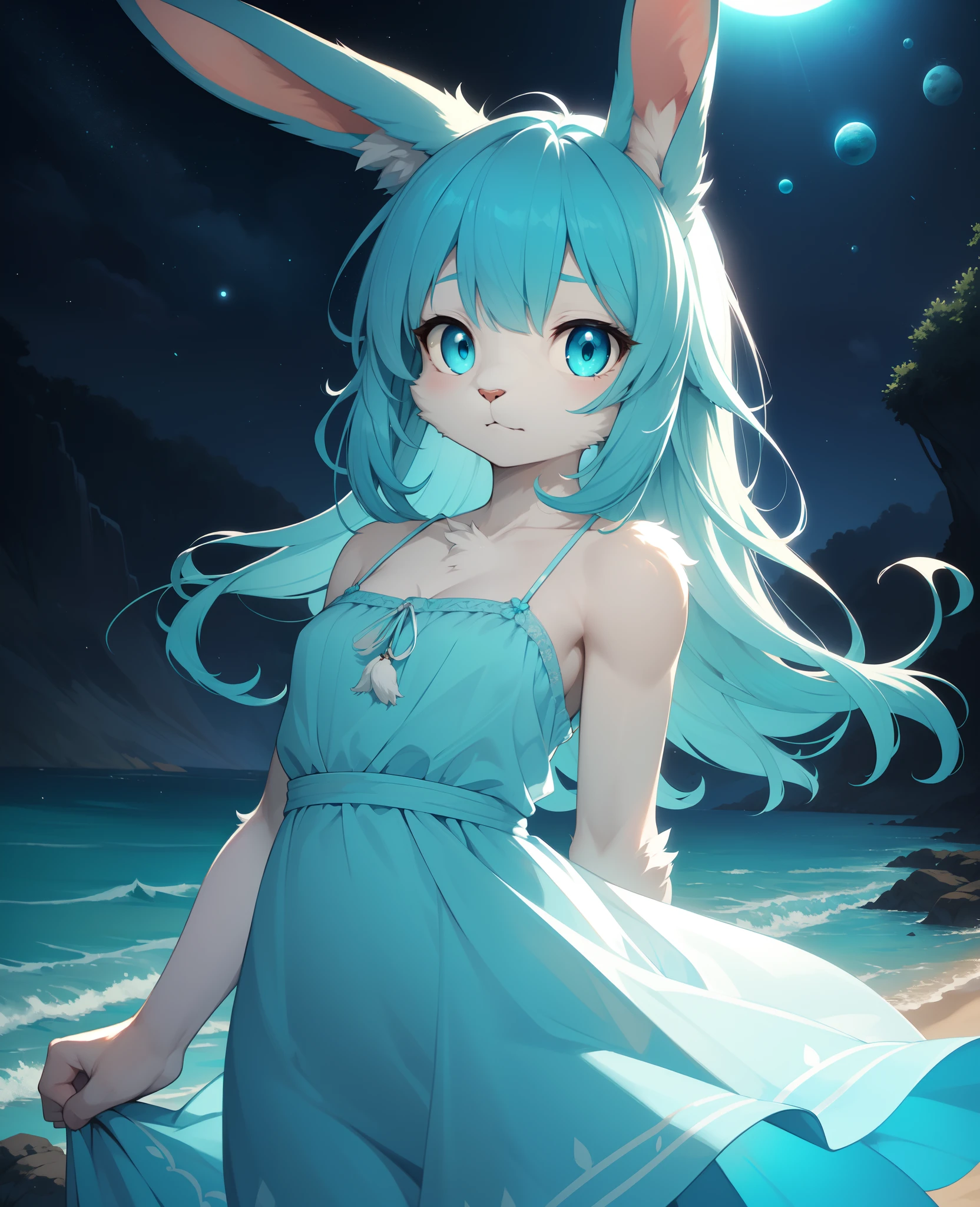 by kenket, by totesfleisch8, (by thebigslick, by silverfox5213:0.8), (by syuro:0.2), (by qupostuv35:1.2), (hi res), ((masterpiece)), ((best quality)), illustration,(anthro,furry,kemono),bunny,rabbit,animal ears, body fur,1girl,solo,planet earth in the sky,(((blue hair,bobbed hair,bangs))),sea blue eyes,silver fur,(((flowing light blue sundress))),beach,moonflowers,exposure blend, medium shot, bokeh, furry rabbit nose, (hdr:1.4), high contrast, (cinematic, blue and turquoise:1.25), (muted colors, dim colors, soothing tones:1.3), low saturation, (hyperdetailed:1.2), (noir:0.4),