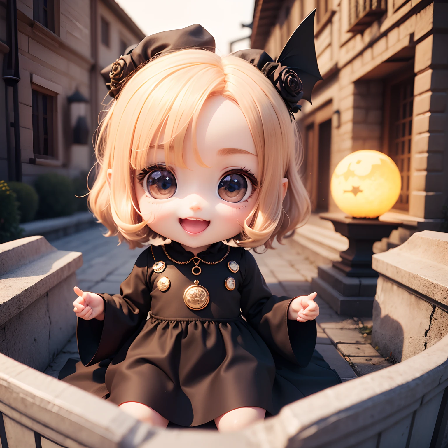 Cute Baby Chibi Anime、(((chibi 3d))) (Best Quality), (masutepiece)、Chibi Bat、Blonde Half Up Hair、Open your mouth and smile、a small face、petite body、outside of house、The light of the big full moon、Foreign Cemetery、Black Jewelry Decoration Costume