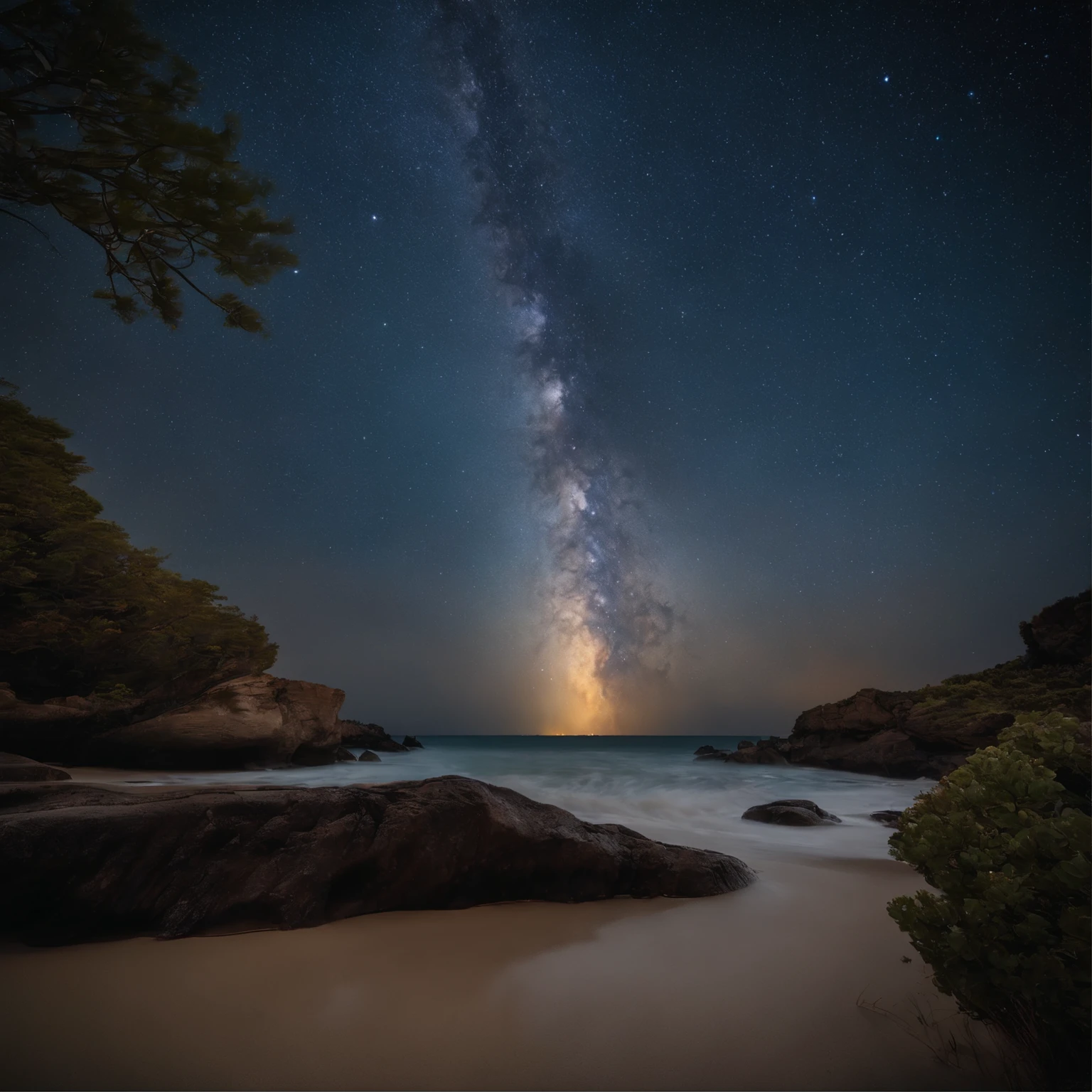 Master Parts、Superior Quality、superior image quality、The 8k quality、Beautiful pictures of the starry sky、magnifica、Arched Milky Way:1.9、Sit on the beach and look up at the starry sky