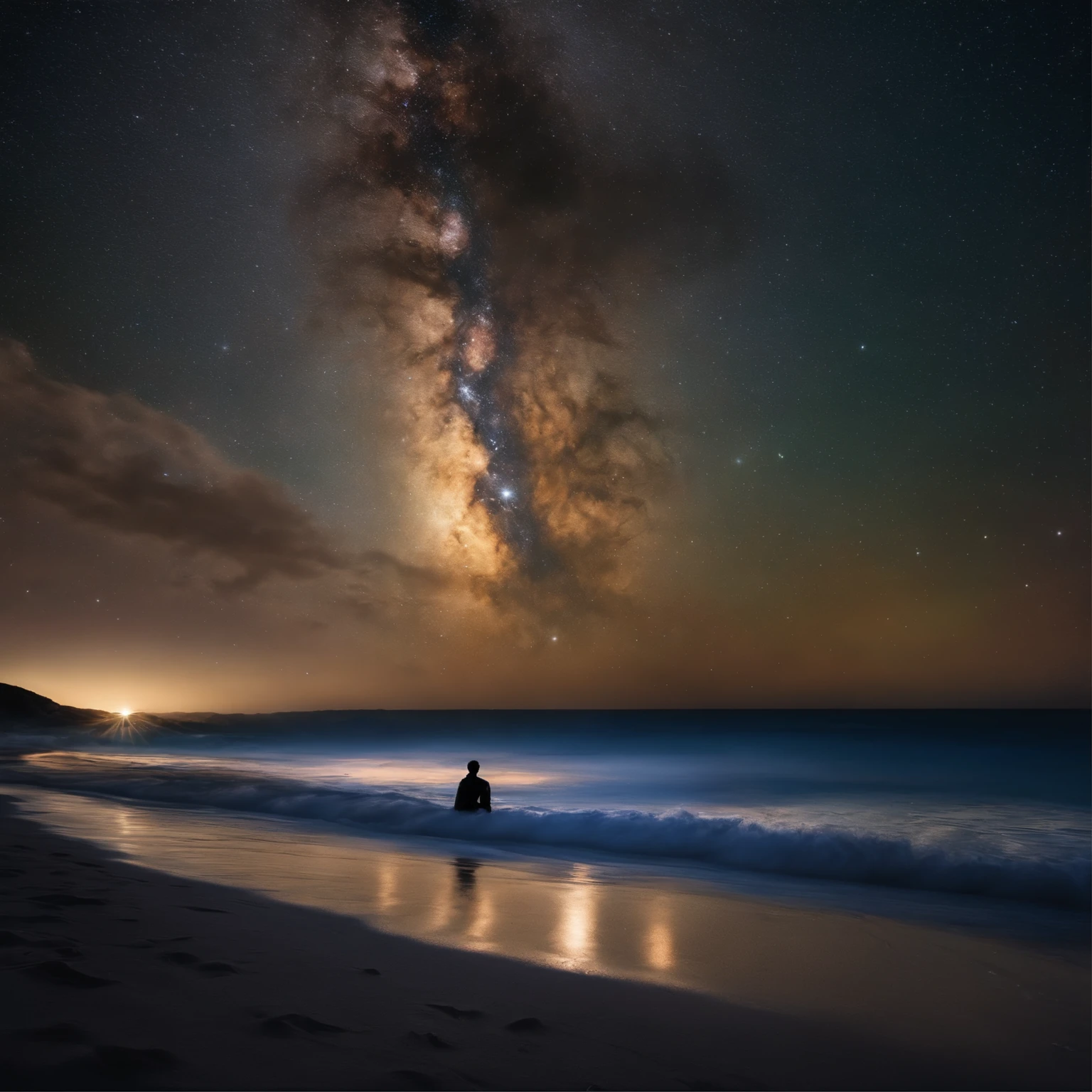 Master Parts、Superior Quality、superior image quality、The 8k quality、Beautiful pictures of the starry sky、magnifica、Arched Milky Way:1.9、Sit on the beach and look up at the starry sky