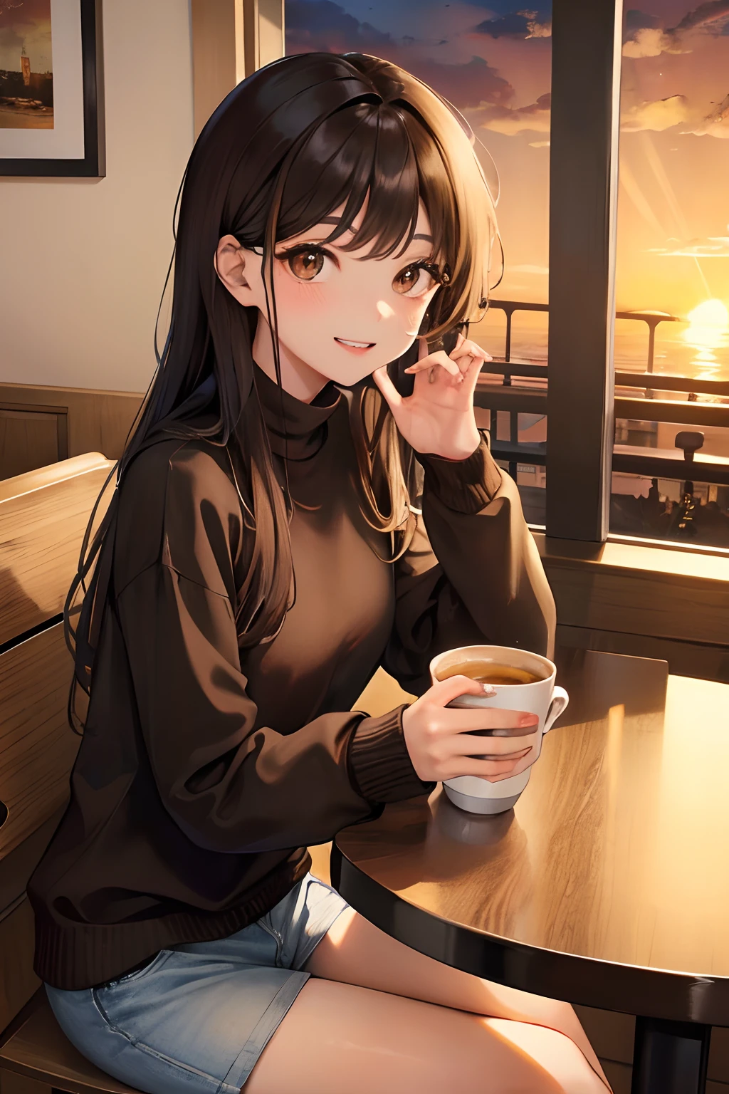 Cute black long straight hair brown eyes round face girl sitting in café drinking coffee in brown sweater, Sunset, A toothy smile without bangs,