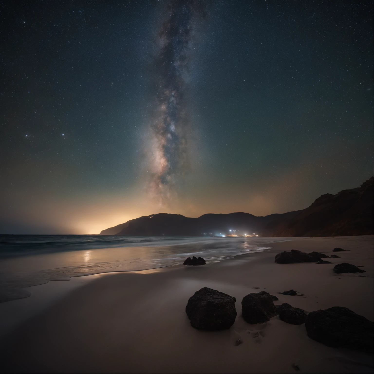 Master Parts、Superior Quality、superior image quality、The 8k quality、Beautiful pictures of the starry sky、magnifica、Arched Milky Way:1.9、Sit on the beach and look up at the starry sky