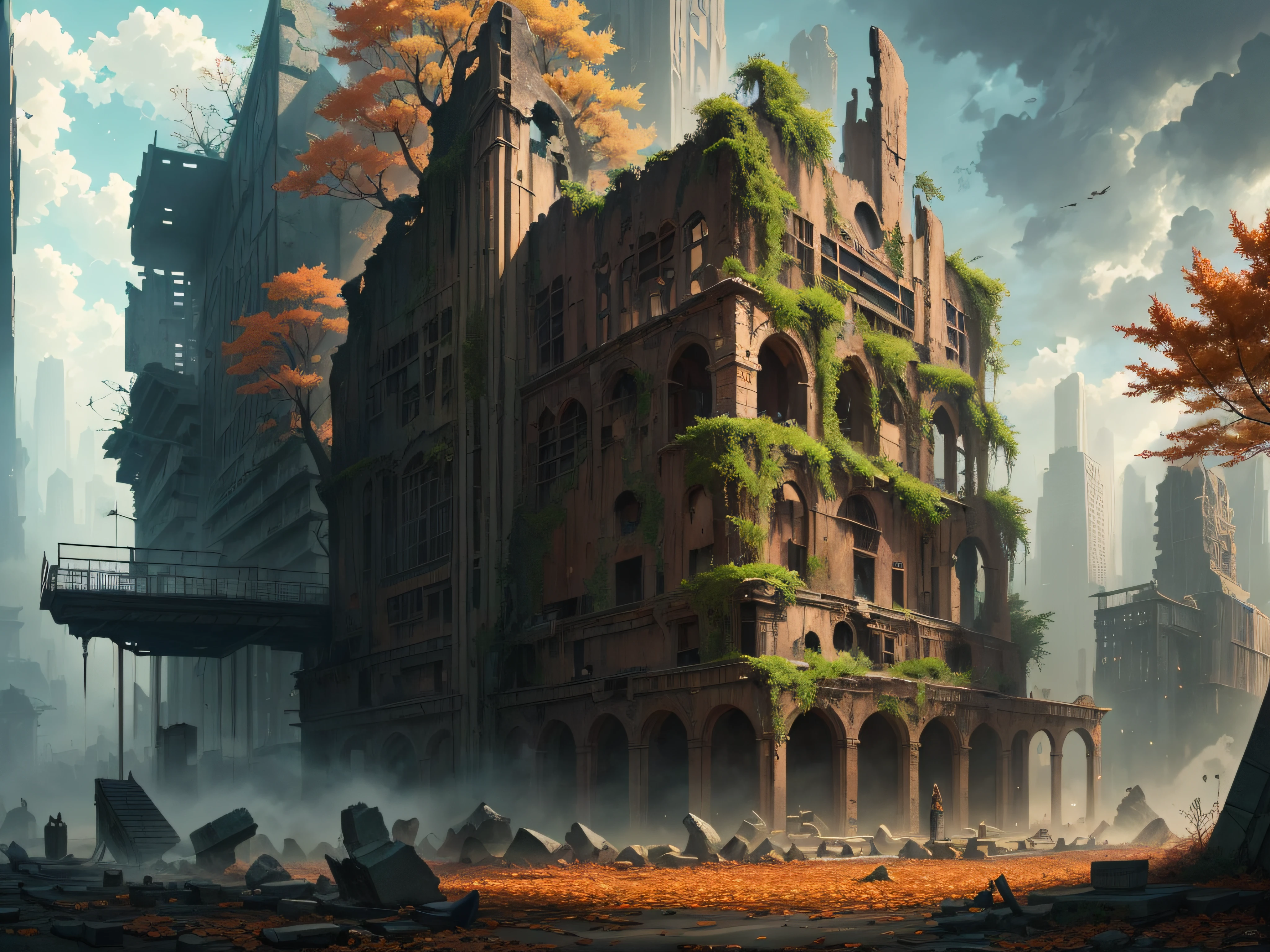 (((masutepiece))), hyperdetails, Ruins of a megacity in another world, Fantasy, Autumn, Extremely detailed, superfine illustration, Approaching perfection, Insanely detailed, Fantasy, Concept art, epicd, Cinematic,