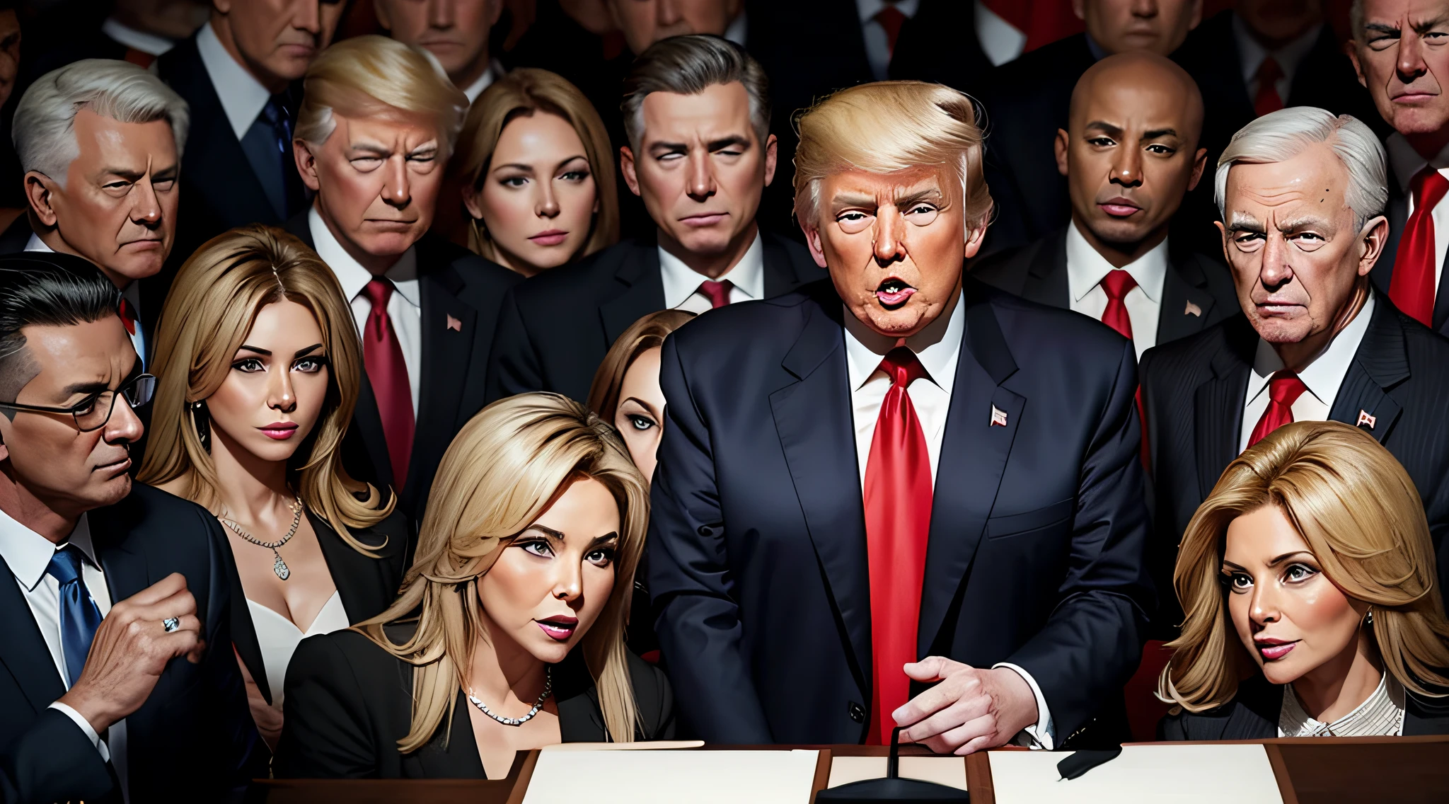 Trump's Charisma: Depict former President Donald Trump in a charismatic pose, surrounded by his fervent supporters.