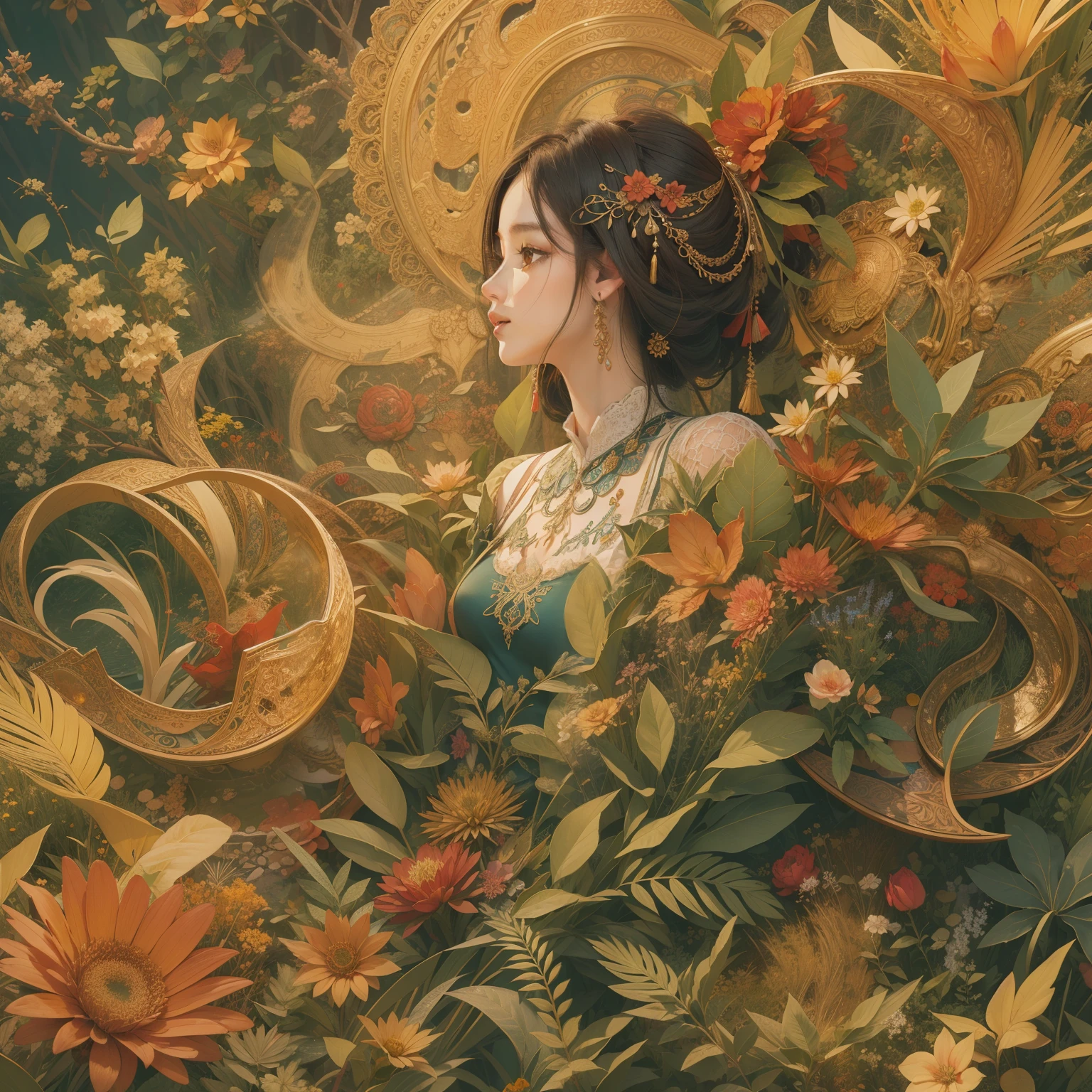 Focus on art and aesthetic elements、We produce highly detailed and beautiful 8K wallpapers。This wallpaper emphasizes unity and aesthetic elements、Has the quality and detail of a masterpiece。Wallpaper Zentangle、a Mandala、Tangles、Includes elements of fractal art、One woman is depicted from a very detailed dynamic angle.、Has the atmosphere of a cowboy shot。Combines the chaos and elegance of forms、Includes brutalist design elements、Vibrant colors、reddish tones、Green grass、amarelo、verdant、Elements of romanticism are combined。This 8k wallpaper is、Providing the highest quality、Fascinates the aesthetic sense。