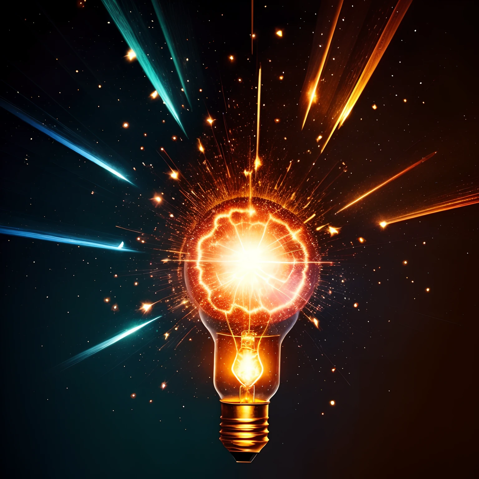 light bulb, explosion of brilliant light bursts from the light bulb, enlightenment, new idea, vivid colours, epic fantasy, joy