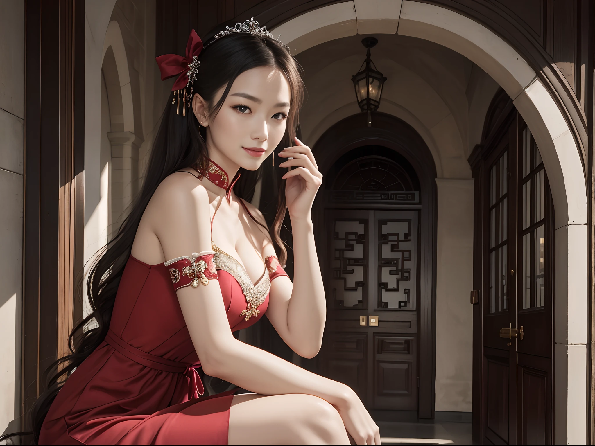 best quality, Meisterwerk, high resolution, 1girls, altes chinesisches rosa Kleid, Beautiful face, Alte chinesische Kleidung, Bowknot ohne das Originalbild, elegant, nobel, Krone, Thin leg, Fee, Haarschmuck, nur, Blick auf den Betrachter, Smileing, Halt den Mund, Lippen, Kleid, Haarschmuck, Halskette, Schmuck, Lange Haare, Ohrringe, Architektur, Ostasiatische Architektur