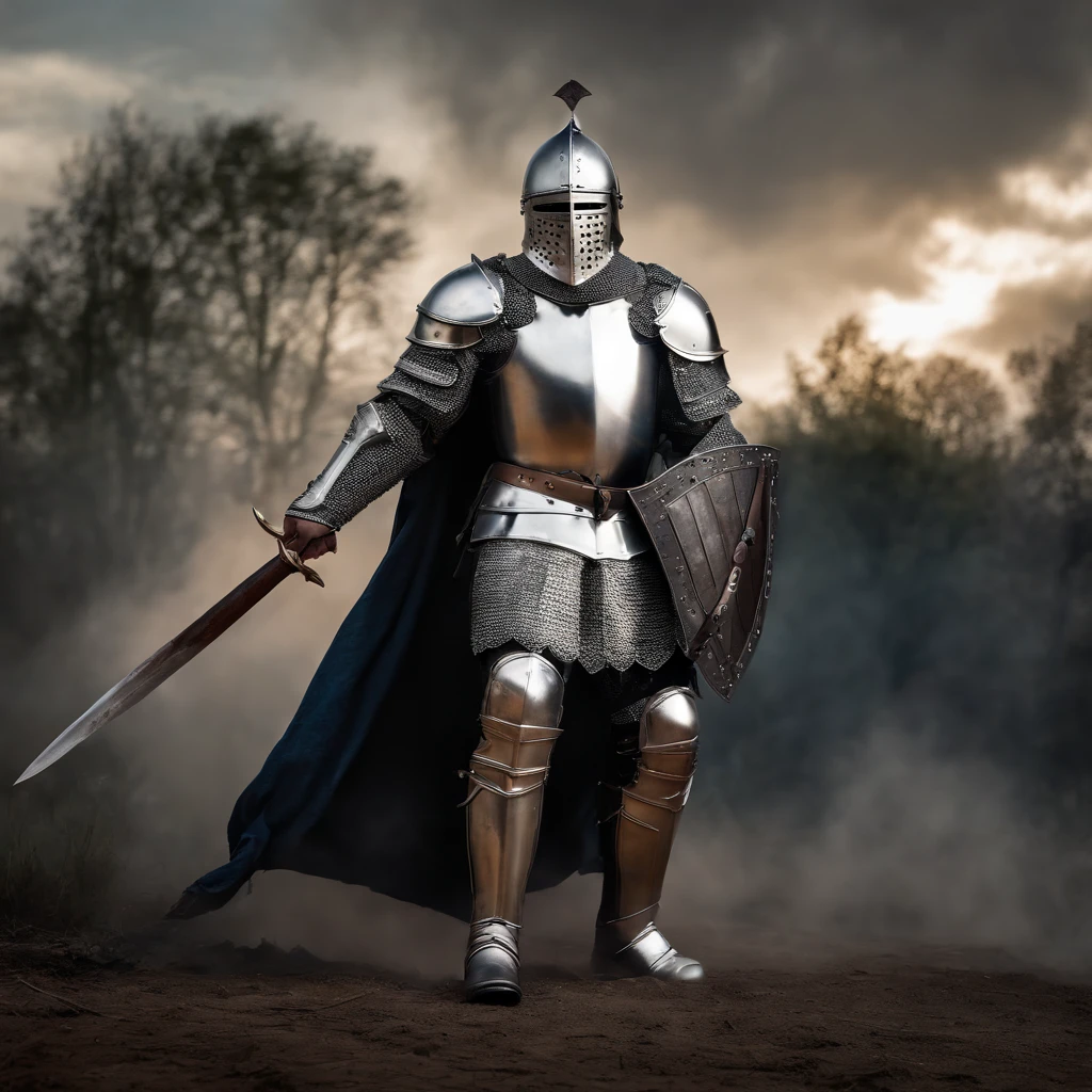 Imposing knights in heavy armor stand on the battlefield, Wielding a huge tomahawk. His armor shone with a metallic sheen, Demonstrate its strength and defensive capabilities. The intricate details of the armor add to its impressive appearance. The background is full of smoke, Create a tense and fierce atmosphere of battle. This high-quality image captures the essence of the heavily armored knight,"A royal knight with a majestic aura, Dressed in shiny silver armor,He was on a forest trail in the field, ,Sunlight illuminates the scene.,