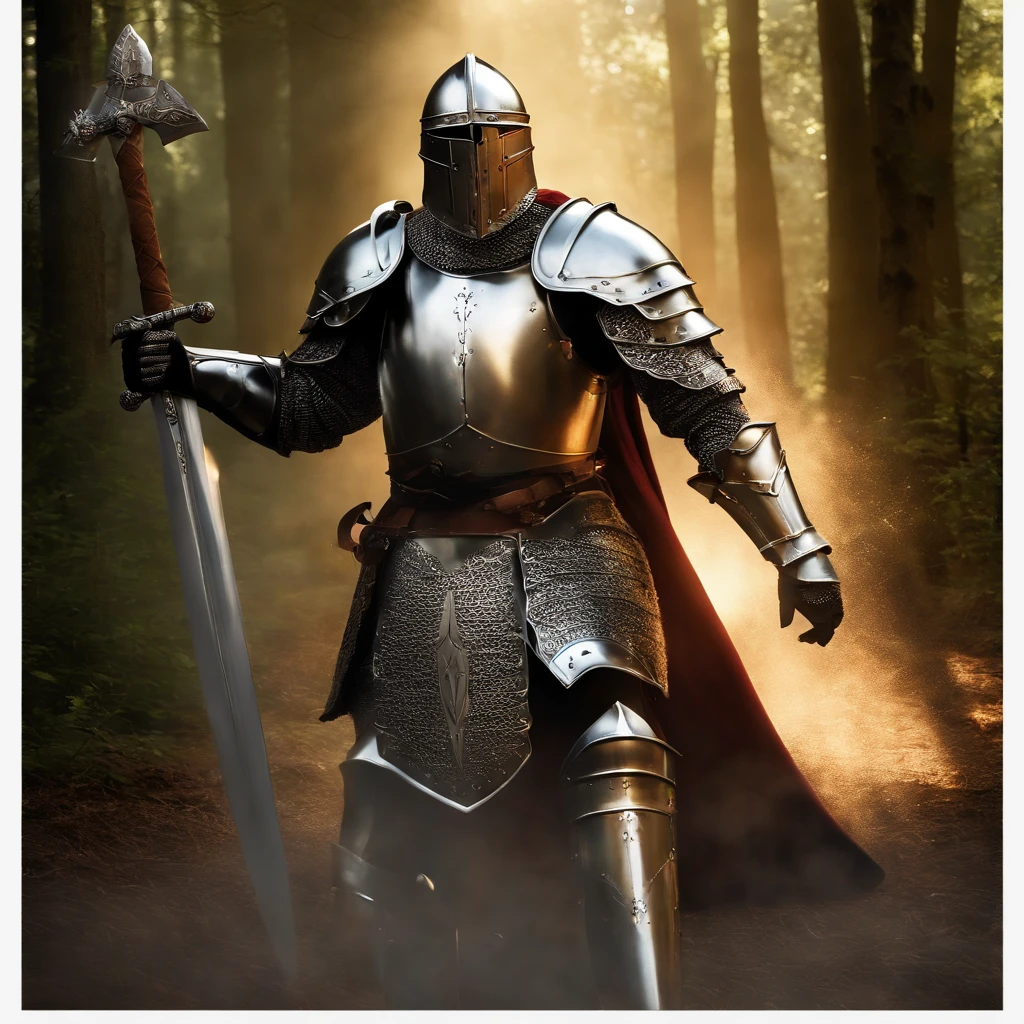 Imposing knights in heavy armor stand on the battlefield, Wielding a huge tomahawk. His armor shone with a metallic sheen, Demonstrate its strength and defensive capabilities. The intricate details of the armor add to its impressive appearance. The background is full of smoke, Create a tense and fierce atmosphere of battle. This high-quality image captures the essence of the heavily armored knight,"A royal knight with a majestic aura, Dressed in shiny silver armor,He was on a forest trail in the field, ,Sunlight illuminates the scene.,