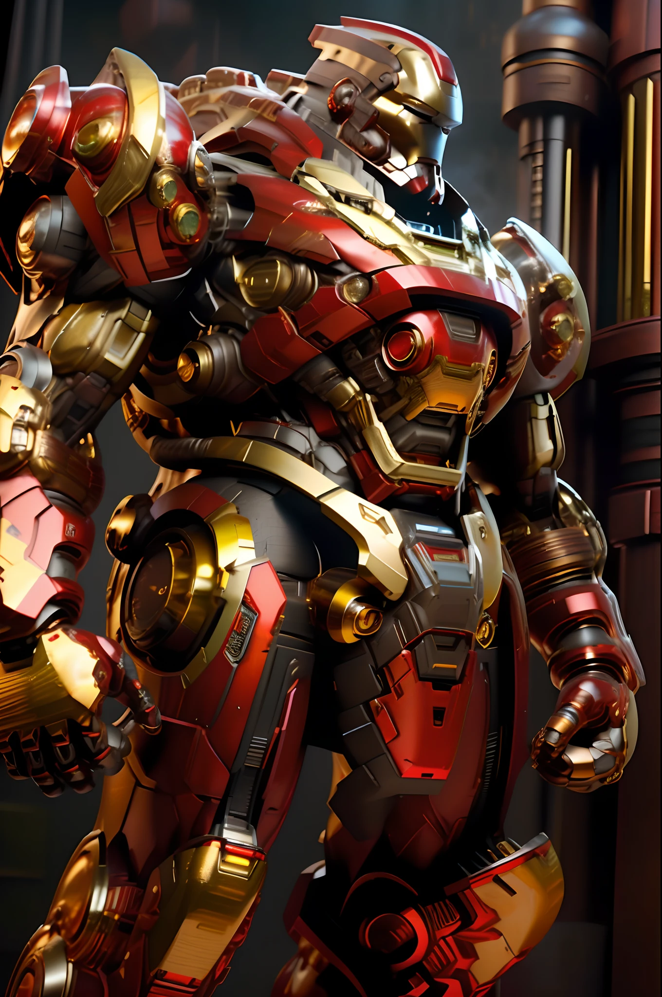 Masterpiece, centered image, front facing, full body portrait photography of ironman wearing futuristic steampunk robotic suit, bulky, muscular, ((steam engine, steam-mechanical, heavy retro-machine, steam pipes, red and gold color)) red and gold color, hyper realistic, hyper detailed mechanical, clean sharp image, 16K, HD, High Quality