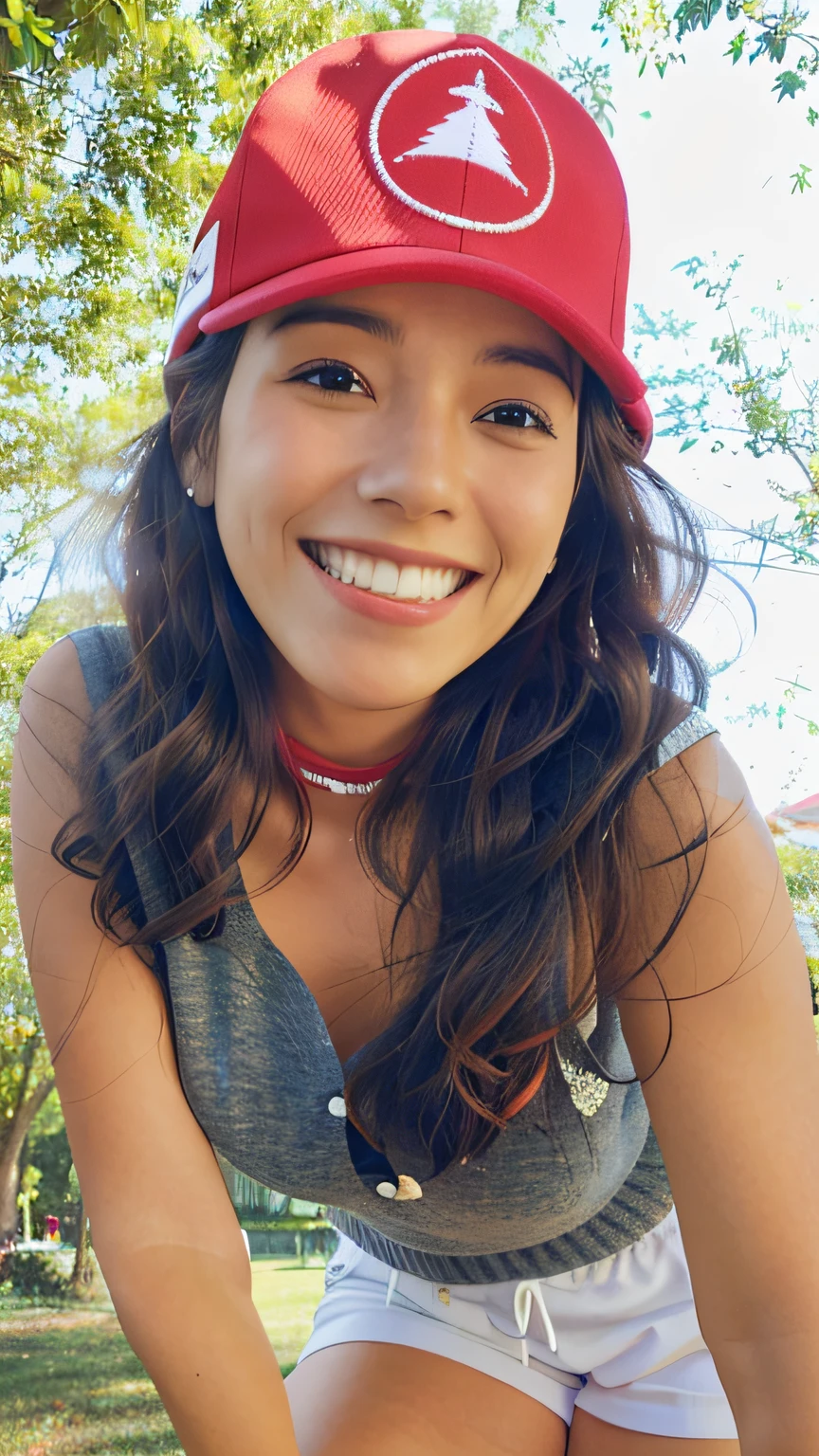 Woman in red hat and white shorts posing for a photo, Alanis Guillen, bonito e sorridente, wearing a chocker and cute hat, it's wearing a cute little hat, lovely smile, 18 anos, with a tree in the background, red hat, wearing a red backwards cap, imagem de perfil, 21 anos