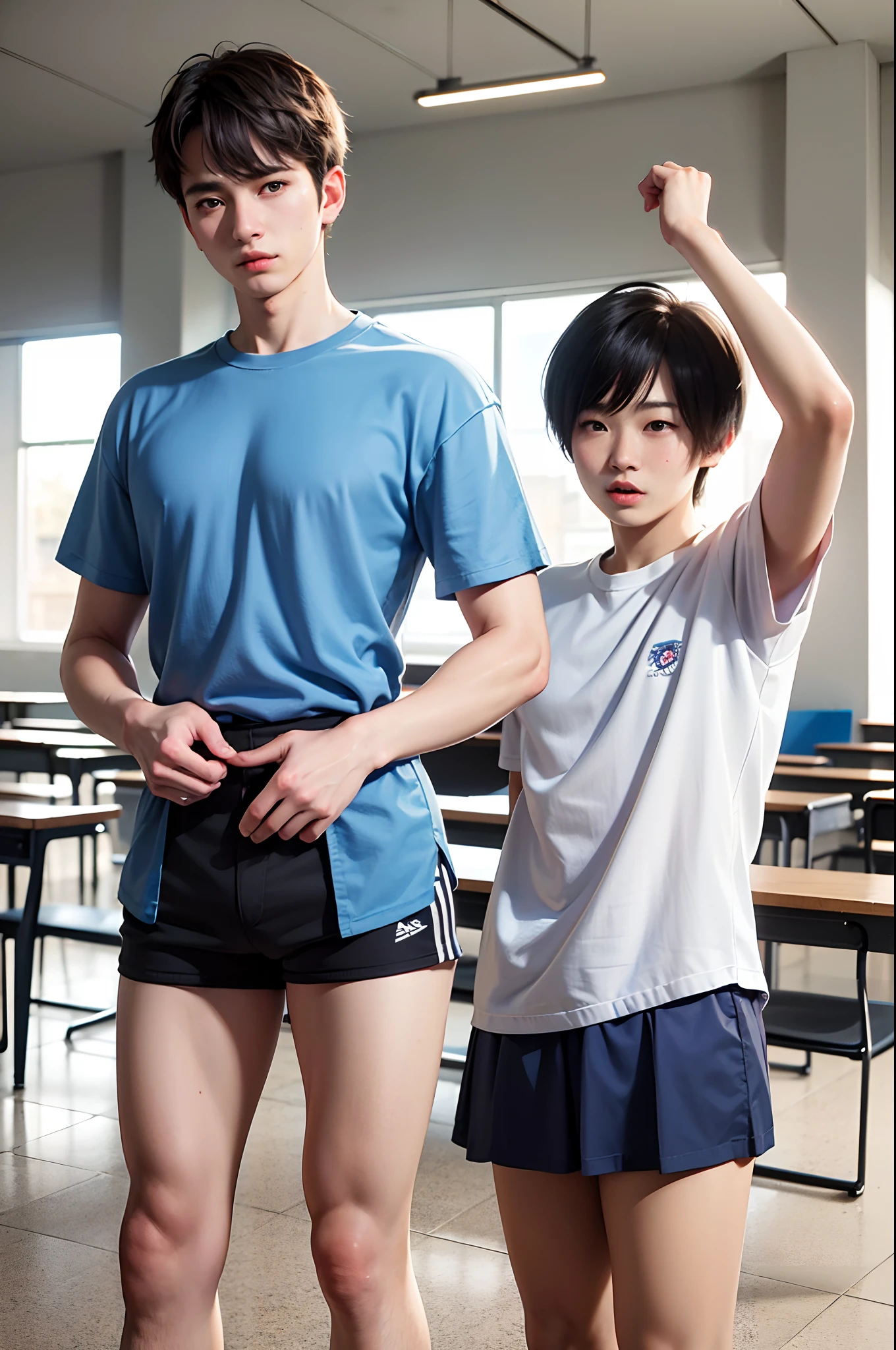 8k,Photogenic high resolution,2 Boys High School Students , Talk face to face, inside in room, (​masterpiece, top-quality, absurderes), school,‎Classroom,Look at each other, Light blush,Sportswear miniskirts、Blue T-shirt