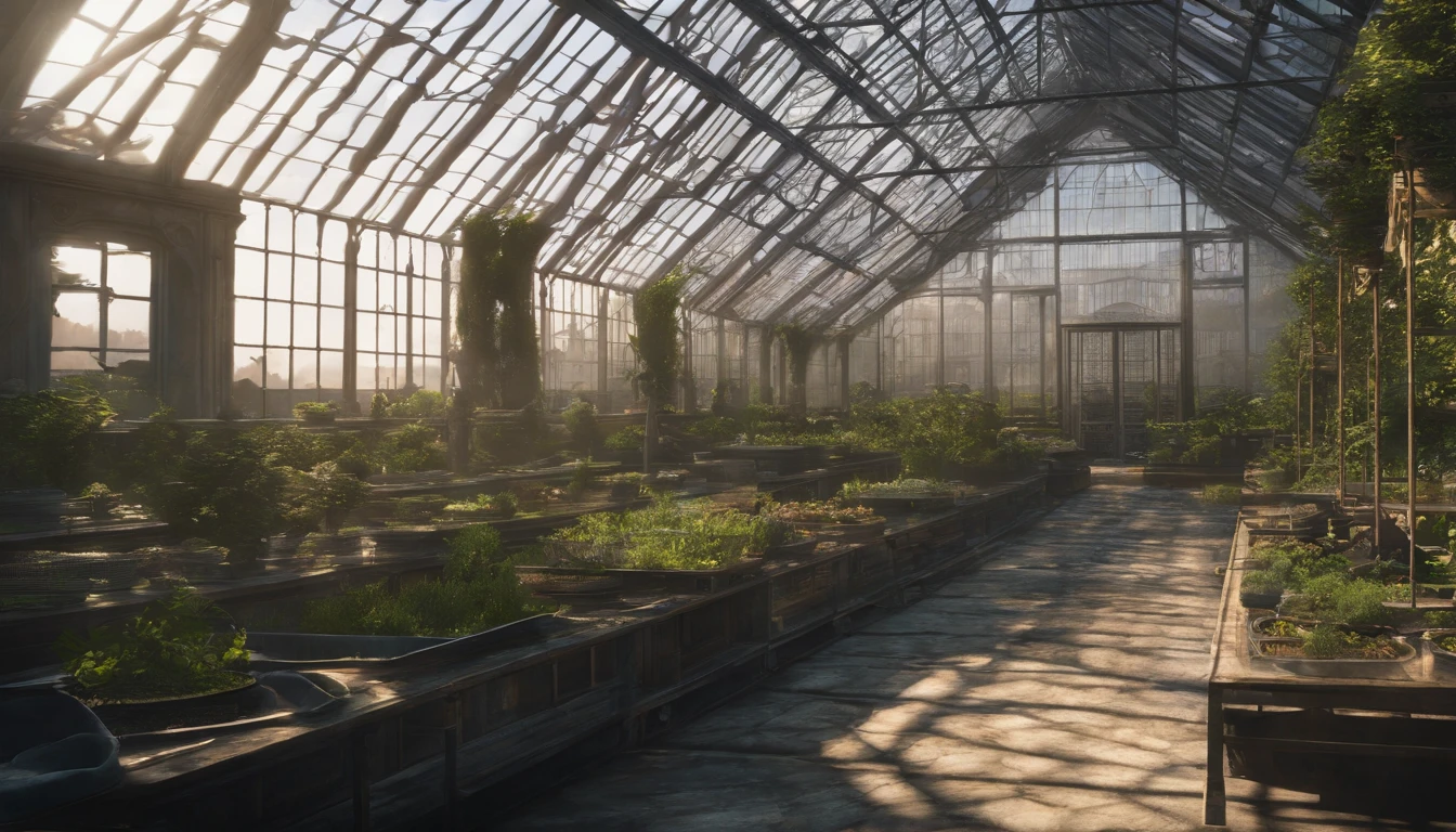 masterpiece, greenhouse, Fantasy, beautiful gardens, Palace gardens, Bright sunlight, Belle Époque, Pixar, Cinematic lighting, Back lighting, 4k, UHD, Best Quality